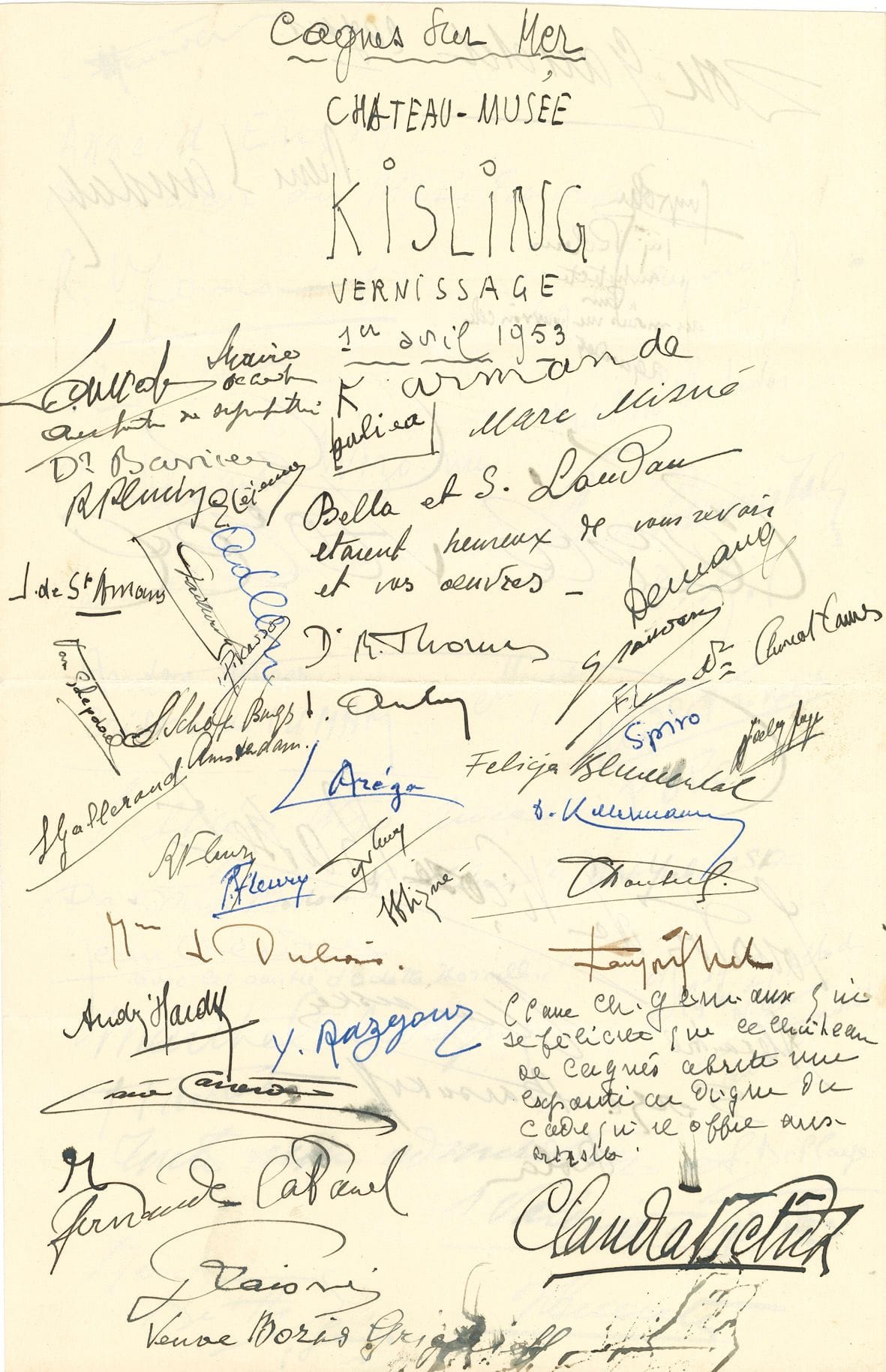 [Moses KISLING (1891-1953)]. 16 letters or pieces addressed to him or concerning him.

15 letters addressed to Kisling in gratitude for his donations of paintings and drawings to charities, especially Jewish charities: Herman Shumling (Anti-Fascist Refugee Committee), Victor A. Sax (United Jewish Appeal), L. Lévy (Aid to the Blind Israelis), Julian Street Jr. of the Treasury Department (War Finance Campaign), R. Job (Œuvre de Secours aux Enfants), Guy de Rothschild (Fonds Social Juif Unifié), Louise Emile Fabre (Orphelinat des Arts), Milton Wolff (Action Committee to Free Spain), Pierre-André Weill (France Forever), Maurice Guy-Loë (Entr'aide des Artistes), Renée Engeistein (on the result of an auction of a painting for the underprivileged children of Israel), Michelle V. Auriol (United Nations Appeal for Children). Simon Maurice Petsche (Village of Hope), Edward Saher (Red Cross 1945 War Fund). P.S. by 70 people, Cagnes-sur-Mer 1 April 1953 (3 p. grand in-fol.), during the very last exhibition of Moïse Kisling, at the castle-museum of Cagnes-sur-Mer (he died a few days later, on 29 April). Signatures of guests and friends, sometimes with a few words: Cécile Sorel, Fernande Cabanel, Marthe Lebasque, Carlos Reymond, the mayor of Cagnes Louis Négro, Georges Spiro, etc. (including a fancy "Picasso" signature).