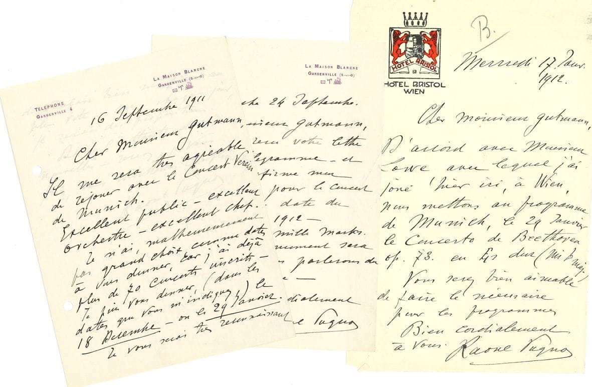 Raoul PUGNO (1852-1914). 11 L.A.S., 1906-1913, à son agent Albert Gutmann, à Vienne ; 17 pages formats divers, la plupart à son adresse de La Maison Blanche à Gargenville ou à en-tête d’hôtels (trous de classeur).

 Sur les tournées et concerts du pianiste. Gargenville 18 septembre 1906. Après avoir joué à Elberfeld, Prague et Vienne, il pourrait jouer à Budapest les 23 et 28 novembre, avant d’aller à Londres pour le 1er décembre (le Queen’s Hall, avec orchestre). Il est « désireux de rejouer à Budapest », et en fixe le prix… Metz 3 novembre. Il ajoute la XIIIe Rapsodie de Liszt à son programme, en supprimant le Prélude, chorale et fugue de Franck, s’il y a une chanteuse… Gargenville 16 et 24 septembre 1911. « Il me sera très agréable de rejouer avec le Concert Verein de Munich. Excellent public – excellent orchestre – excellent chef »… Il propose deux dates, « car j’ai déjà plus de 70 concerts inscrits »… « Cachet : mille marks »… Gargenville 2 août et 5 septembre 1912. Il rappelle sa demande d’engagements en Allemagne « en connection avec les concerts de Schwerin », et demande lequel des deux quatuors de Fauré il doit y jouer… Demande de précisions sur un récital à Berlin : il rappelle que sa promesse de concerts en Allemagne du Nord l’a déterminé à accepter Schwerin « avec un cachet ridicule »… Etc. Saint-Pétersbourg, à un maître et ami. « J’arrive d’Odessa, de Kieff et de Kharkow, et mon désir était d’aller immédiatement vous embrasser. Mais, devant jouer ce soir, et avec cet abominable temps, je crois plus prudent de ne pas sortir de ma chambre – d’autant que je suis assez fatigué »…