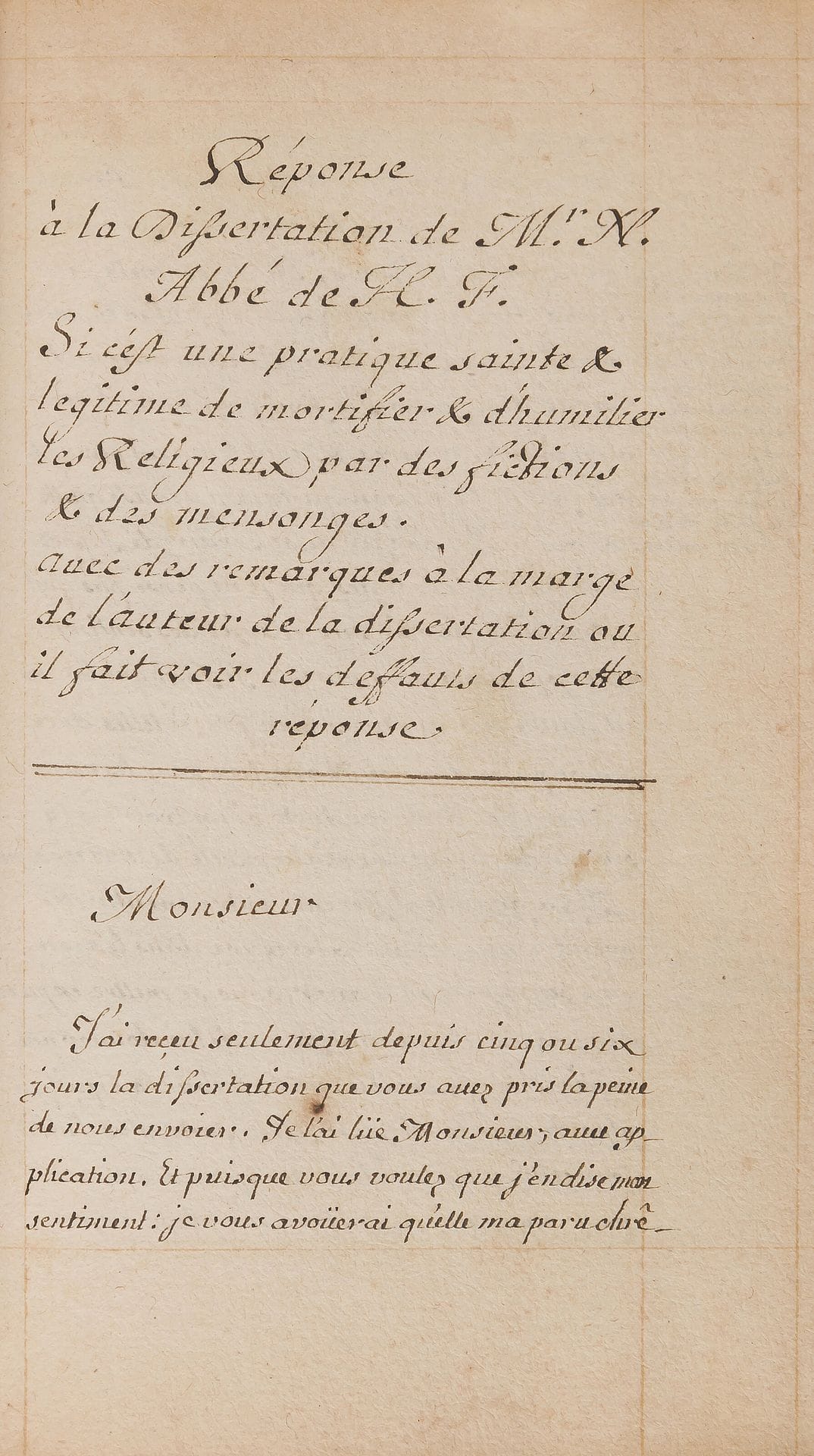 theology. Manuscript collection, late 17th century; in-12 of 441 pages plus qqs ff. blanks, contemporary parchment binding (graffiti on top cover). 

 Careful manuscript, written in one hand on paper set in red, bringing together the writings of three 17th century theologians: Armand-Jean de Rancé, abbot of La Trappe, reformer of the Cistercian order (1626-1700), Guillaume Le Roy, abbot of Hautefontaine (1610-1684), and Michel Mauduit, oratorian (1634-1709). It includes : * Essay. If it is a legitimate & holy practice to mortify & humiliate Religious by fictions by attributing to them faults they have not committed, & faults that one does not see in them (134 p.), according to Rancé: Lettre d'un abbé régulier sur le sujet des humiliations et autres pratiques de religion (1677). * Answer to the dissertation of M. N. abbé de H.F... with remarks in the margin of the author of the dissertation where he shows the defects of this answer (139 p.), followed by De l'auteur de la dissertation (7 p.). Abbé de Hautefontaine's "remarks in the margin" are copied in the margins. * Reply to a letter to an ecclesiastic concerning the declaration of Mr l'abbé de la Trappe contained in the large letter of 30 November 1678 that this abbot wrote to Mr le Mareschal de Belfond, 9 February 1679 (81 p.), based on Rancé: Lettre de M. l'abbé de la Trape à M. le Maréchal de Bellefond (Grenoble, 1679). * Second answer..., March 8, 1679 (56 p.). * Dissertation on the Acts of the Apostles (25 p.), based on the Analysis of the Acts of the Apostles, with dissertations on difficult places (1697), by Michel Mauduit.