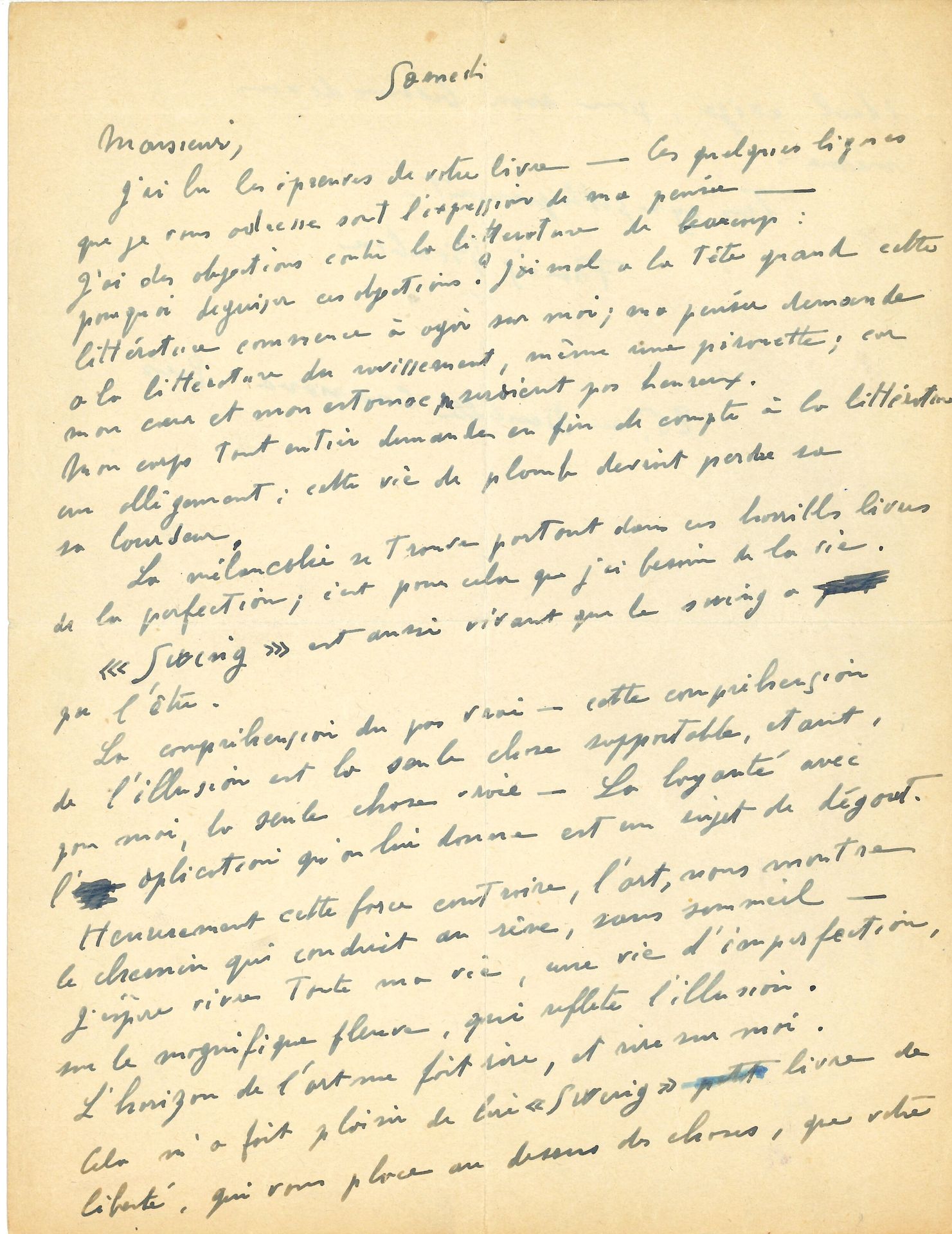Francis PICABIA (1879-1953). L.A.S., Paris Samedi [1948], à Gaston Criel ; 1 page et quart in-4.
 On joint un poème a.s. de Gaston CRIEL (1913-1990), Libération, Paris 12 mai 1945 (1 page et demie in-4), avec l.a.s. d’accompagnement ; poème en prose écrit à son retour du Stalag de prisonniers

 Sa conception de la littérature et de l’art, à propos de Swing de Gaston Criel, paru aux Éditions Universitaires Françaises avec deux présentations de Jean Cocteau et de Charles Delaunay.
 Il a lu les épreuves du livre : « les quelques lignes que je vous adresse sont l’expression de ma pensée. J’ai des objections contre la littérature de beaucoup : pourquoi déguiser ces objections ? J’ai mal à la tête quand cette littérature commence à agir sur moi ; ma pensée demande à la littérature du ravissement, même une pirouette ; car mon cœur et mon estomac ne seraient pas heureux. Mon corps tout entier demande en fin de compte à la littérature un allègement : cette vie de plomb devrait perdre sa lourdeur. La mélancolie se trouve partout dans ces horribles livres de la perfection ; c’est pour cela que j’ai besoin de la vie.
 Swing est aussi vivant que le swing a pu l’être. La compréhension du pas vrai – cette compréhension de l’illusion est la seule chose supportable, étant, pour moi, la seule chose vraie. – La loyauté avec l’explication qu’on lui donne est un sujet de dégoût. Heureusement cette force contraire, l’art, nous montre le chemin qui conduit au rêve, sans sommeil. J’espère vivre toute ma vie, une vie d’imperfection, sur le magnifique fleuve, qui reflète l’illusion. L’horizon de l’art fait rire, et rire sur moi. Cela m’a fait plaisir de lire Swing livre de liberté, qui vous place au dessus des choses, que votre idéal exige, pour avoir besoin de vous-même »….
 [Les éditeurs de Swing ont fait paraître une plaquette publicitaire de 12 pages rassemblant les éloges adressés à l’auteur par Aimé Césaire, Gide, Le Corbusier, Fernand Léger, Mac Orlan, Picabia, Poulenc, Sartre, Senghor, etc. qui avaient pris connaissance du livre sur épreuves.] 
 On joint un poème a.s. de Gaston CRIEL (1913-1990), Libération, Paris 12 mai 1945 (1 page et demie in-4), avec l.a.s. d’accompagnement ; poème en prose écrit à son retour du Stalag de prisonniers où il passa la plus grande partie de la guerre : « Le drapeau rouge flottait sur le camp et la terreur nazie s’écroulait sous les sifflets des enchaînés depuis cinq ans. […] Vous tous, nos frères enchaînés, juifs fusillés, déportés au bagne organisé, femmes, vieillards, enfants, martyrs de la rage nazie, je vous salue de la France libérée. Gloire à vous, alliés de la Défense de l’Homme et de l’Esprit, gloire à vous De Gaulle, Duhamel, Paulhan, Valéry. Les prisonniers des barbelés brisés vous tracent leur merci »... – Une photographie de Gaston Criel (carte post., cliché Teddy Piaz) au verso duquel Criel a noté ses nom et adresse. – L.a.s. de Germaine Everling-Picabia, Cannes 3 janvier 1934, à Jean Desthieux (1 p. ½ in-4, en-tête Riviera Magazine) : « Picabia est repris de sa furonculose, habite sur son petit bateau et a l’air bien triste, je crois que je n’y puis plus rien »…