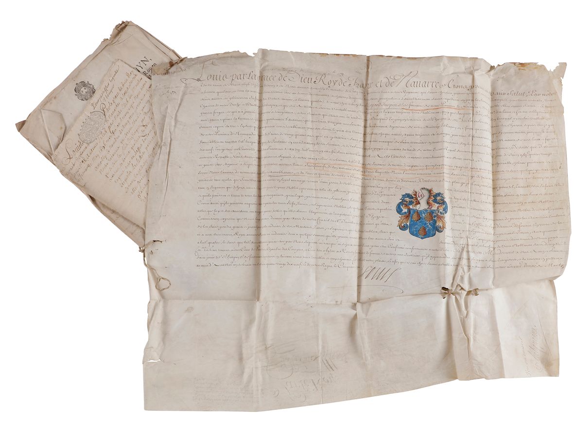 [Gaspard TURPIN, sieur de FONTAINE (1641-1717?) squire, adviser to the King, master of Waters and Forests and hunting captain of the duchy and bailiwick of Alençon]. Bundle of 15 letters or pieces addressed to him or concerning him; vellum or paper.

 Letters of nobility with painted coat of arms and large green wax seal hanging on a cord, signed Louis XIV (secretary) and Phelypeaux (1699). Extract from the registers of the Parliament justifying his quality of squire (1699). Mission letters signed by La Rouvraye (1682), Paul Mascranny de La Verrière (1682) and Nicolas Desmarets (1704). Baptismal excerpts of his sons (1709-1713). Order of registration of provisions given by the Duke of Berry, Alençon and Angoulême, in favour of his son for the office of Master of Water and Forests at the Bailiwick of Alençon (1714). L.S. du Grand Veneur Louis-Alexandre de Bourbon, Count of Toulouse, confirming to Gaspard II Turpin his office "with the knowledge of hunting in particular" (1715). Confirmation of nobility for François Turpin, squire of Bel-Aunay (1716). Certificates in favour of the deceased Master of Waters and Forests, by Pierre-Hector Le Guerchois, Intendant in the County of Burgundy, Nicolas Prosper Baüyn, Lord of Angervilliers, Intendant of Justice, Police and Finance in Alsace, and Louis-Guillaume Jubert de Bouville, Intendant of the Generality of Orléans, and Paul Esprit Feydeau, commissioner for the execution of the orders of H.M. in Brittany (1717).