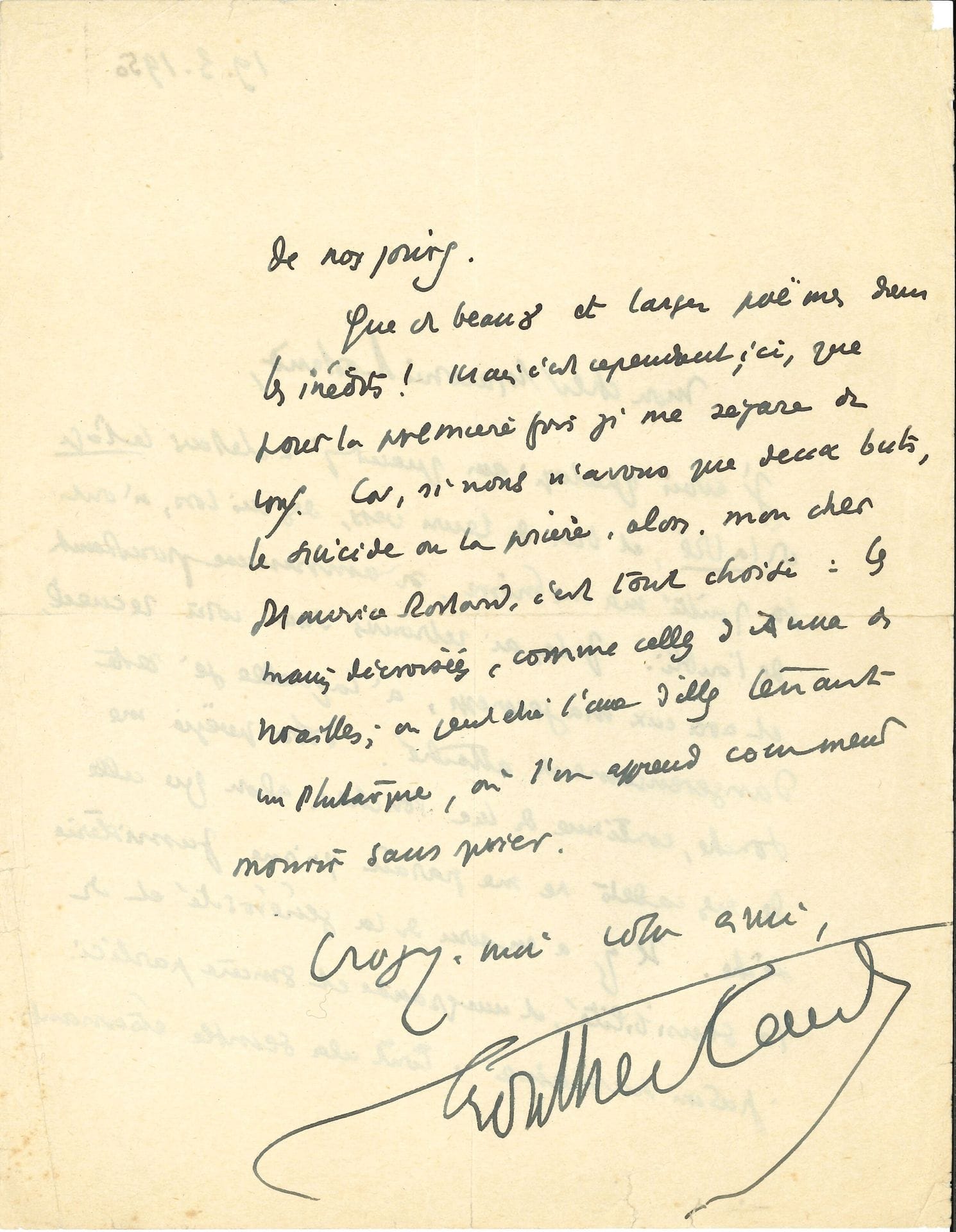 Henry de MONTHERLANT (1896-1972). 6 L.A.S., [1935]-1951, à Maurice Rostand ; 4 pages in-8 et 7 pages in-4 (qqs fentes et bords un peu effrangés).

 Vendredi [1935]. Il a manqué la représentation du Procès d’Oscar Wilde… 3 novembre 1943, sur Souvenez-vous, Madame : « Vous êtes sans douter le seul aujourd’hui à pouvoir mêler ainsi les vérités aux symboles, à attaquer avec un tel courage nos vieux mythes »… 3 juillet 1944. « Votre article sur Fils de personne me vient du fond de l’éternité, n’est-ce pas ? Décembre 1943… […] C’est déjà une vieille pièce ». Il cite La Reine Morte : « J’aime que vous l’aimiez elle m’est plus chère »… 19 mars 1950. À l’occasion de la parution des Poésies Complètes de Maurice Rostand. « J’avais quatorze ans quand j’achetai la Page de la Vie, et bien de leurs vers, depuis lors, n’ont pas quitté ma mémoire, si amoureuse pourtant de l’oubli. Je les ai retrouvés dans votre recueil, et avec eux ma jeunesse, à laquelle je reste dangereusement attaché. Votre poësie me touche, continue de me toucher, alors que celle de mes cadets ne me paraît qu’une fumisterie sèche. […] Que de beaux et larges poëmes dans les inédits ! Mais c’est cependant ici que pour la première fois je me sépare de vous. Car, si nous n’avons que deux buts, le suicide ou la prière, alors, mon cher Maurice Rostand, c’est tout choisi : les mains décroisées, comme celles d’Anna de Noailles ; ou peut-être l’une d’elles tenant un Plutarque, où l’on apprend comment mourir sans prier »… 1er juin 1951. « J’ai entendu dire toute la journée beaucoup de bien de votre pièce – et par des gens, quelquefois, qui étaient prévenus contre elle ou contre vous », comme Maurice Garçon. Il n’ira pas la voir : « j’ai horreur d’aller au théâtre », mais aimerait la lire…
