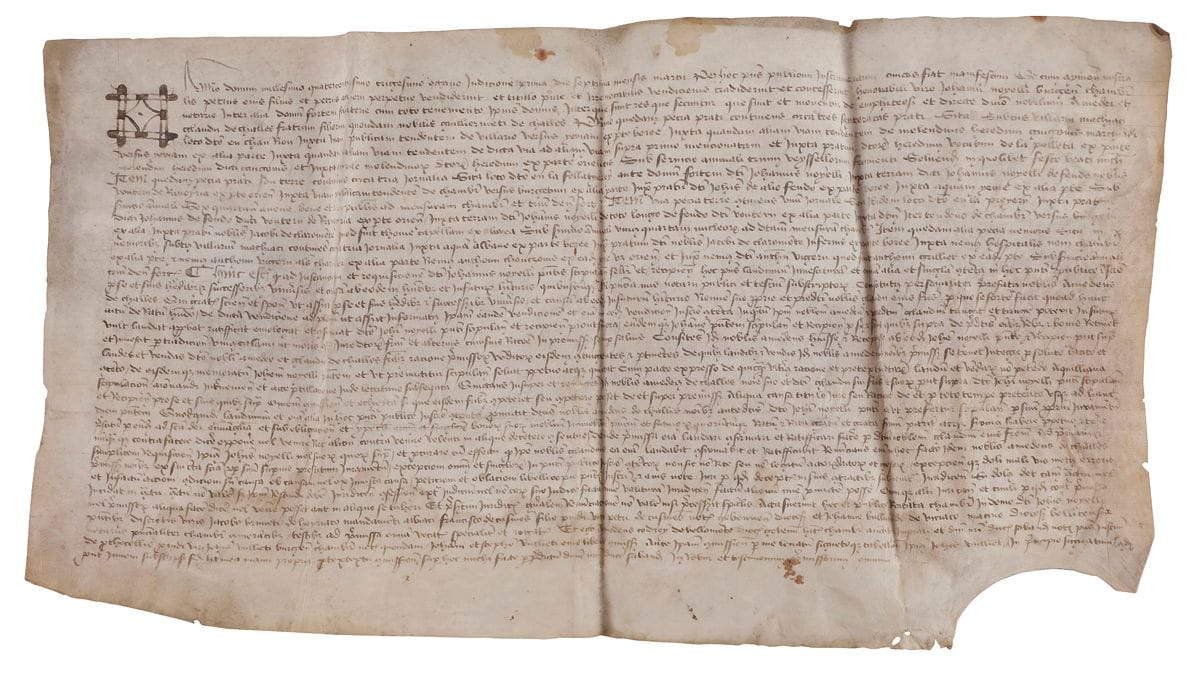 [SAVOIE]. [CHAMBERY]. Acte de vente passé entre Jean Noyelle (Noël) habitant de Chambéry et des membres de la famille Challes
En français, charte sur parchemin, encre brune, analyses au dos
Savoie, Chambéry, daté 1er mars 1438
Dimensions : 305 x 535 mm
