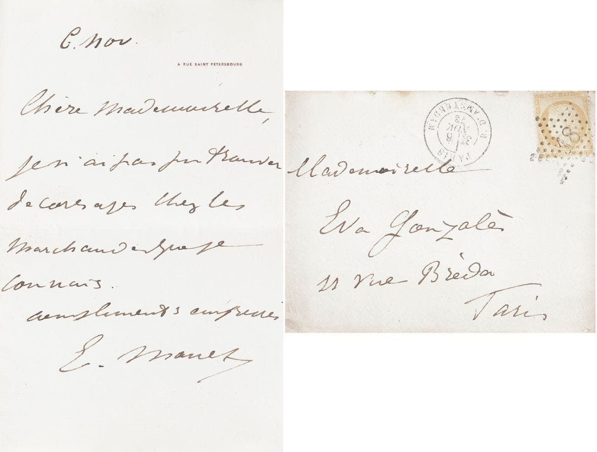 Édouard MANET (1832-1883). L.A.S., 4 rue Saint-Pétersbourg 6 novembre [1873], à Éva Gonzalès ; 1 page in-8 à son adresse, enveloppe (encadrée).

 « Chère Mademoiselle Je n’ai pas pu trouver de corsages chez les marchandes que je connais »…