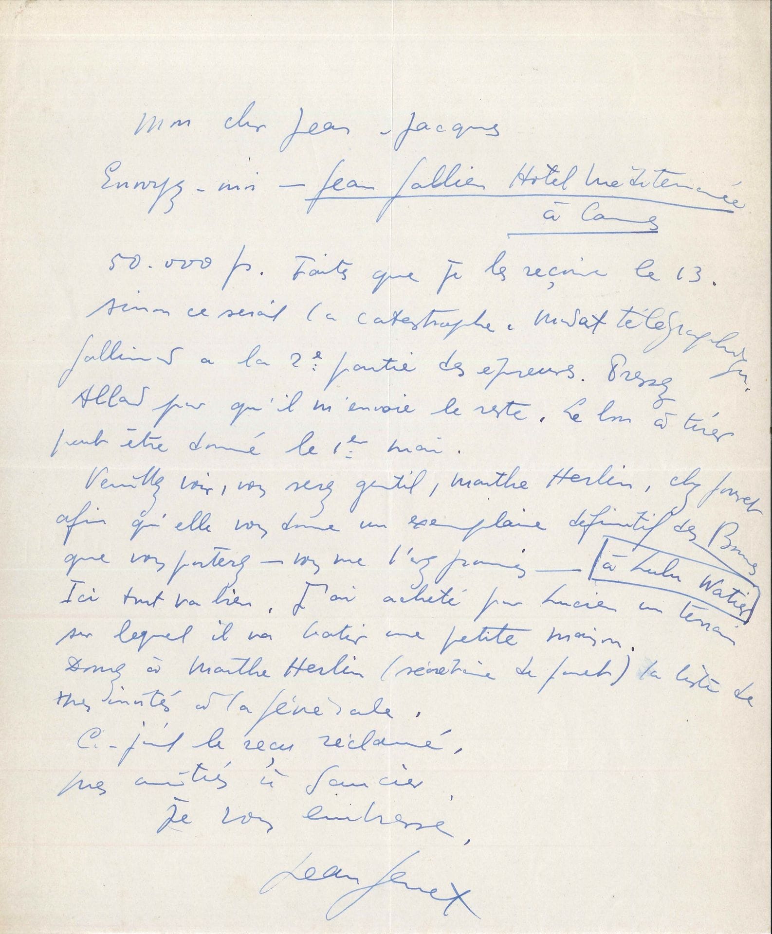 Jean GENET (1910-1986). 3 L.A.S., 2 P.A.S. et 1 L.S., Paris et Cannes 1947, à Jean-Jacques Pauvert ; 5 pages in-4 (une déchirée en plusieurs morceaux) et 1 page oblong in-8, 2 enveloppes.
 On joint la copie carbone d’une lettre de Pauvert à Genet, Sceaux 26 janvier 1947, confirmant les termes de la cession de Haute surveillance.

 Sur ses pièces Haute surveillance, et Les Bonnes [celle-ci fut créée à l’Athénée le 19 avril 1947].
 Paris 27 janvier 1947. Cession de Haute surveillance (titre ajouté à la main) à 60 exemplaires hors commerce. « La propriété cédée est celle de la copie dactylographiée de cette pièce […] Pour cet abandon de droits, je recevrai 130.000 fr. dont 30 (trente) à remise du manuscrit, et 100 (cent), le 15 mars 1947 »… [Cannes fin mars 1947]. « Voulez-vous avoir la gentillesse de m’envoyer le plus tôt possible recommandé la version de Haute surveillance corrigée par Barrault. Faites aussi que les 50.000 fr. m’arrivent pour le 13. Envoyez un mandat télégraphique au nom de Jean Gallien Hôtel Méditerrannée Cannes. Je sais que je vous dois 5.000 fr. Mais je serais content si vous les reteniez à la fin, sur le dernier versement »… [Cannes 31 mars 1947]. « Soyez gentil de me faire parvenir la dactylographie de Haute surveillance, celle qui est corrigée par Barrault. […] Dites-moi si vos rapports avec Gallimard sont aussi cordiaux »… Il donne les coordonnées à Cannes de Mme Maglia, avec qui Pauvert devra traiter « pour nos prochaines affaires »… [Cannes 7 avril 1947]. « Envoyez-moi – Jean Gallien Hôtel Méditerranée à Cannes 50.000 fr. Faites que je les reçoive le 13. Sinon ce serait la catastrophe. Mandat télégraphique. Gallimard a la 2e partie des épreuves. Pressez Allard pour qu’il m’envoie le reste. Le bon à tirer peut être donné le 1er mai. Veuillez voir, vous serez gentil, Marthe Herlin, chez Jouvet afin qu’elle vous donne un exemplaire définitif des Bonnes que vous porterez – vous me l’avez promis – à Lulu Watier. Ici tout va bien. J’ai acheté pour Lucien un terrain sur lequel il va bâtir une petite maison »… Il faut aussi donner à Marthe Herlin la liste des invités à la générale… Plus 2 reçus pour l’édition de Haute surveillance (mars 1947).