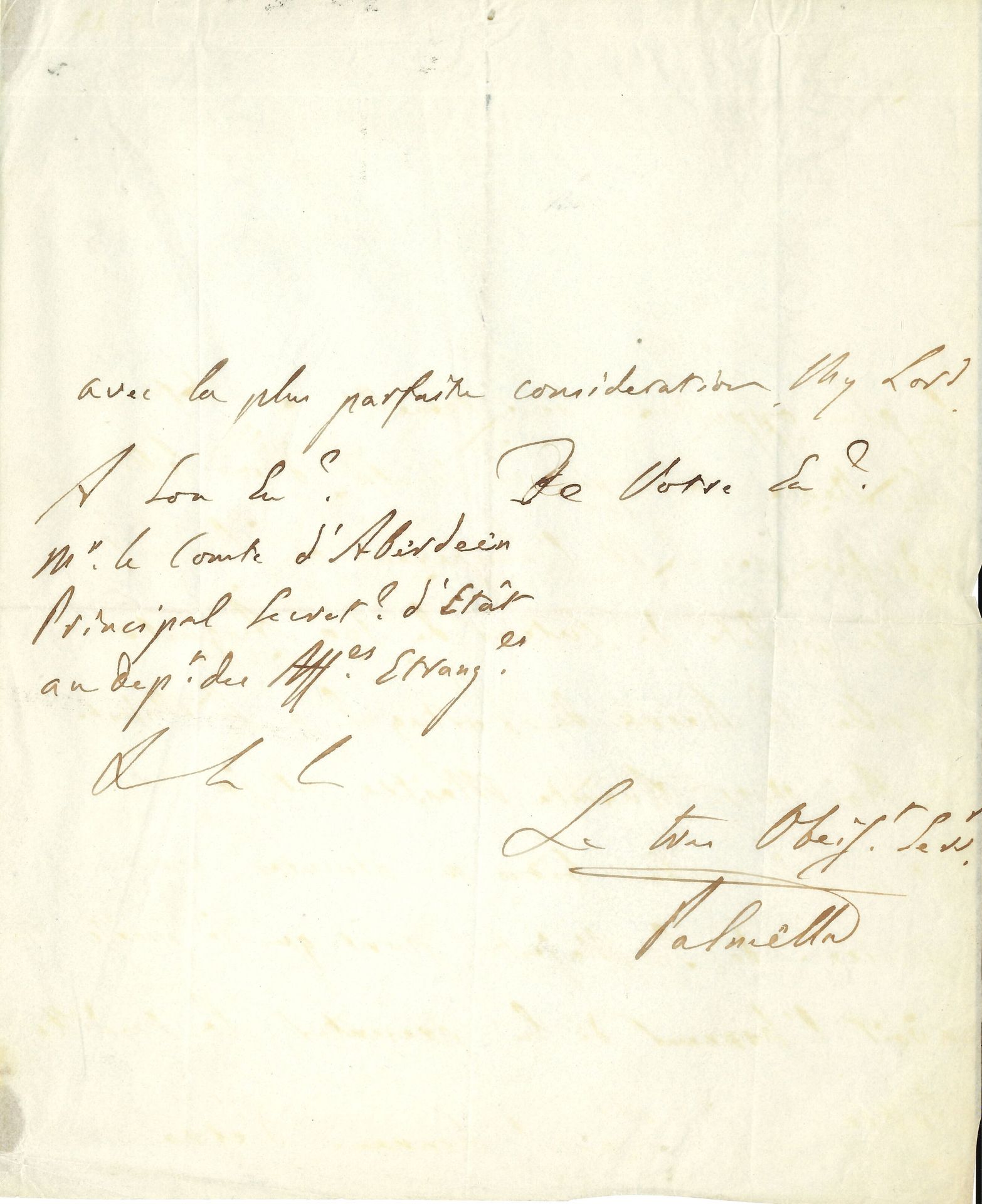 Pedro de Sousa Holstein, duc de PALMELA (1781-1850) homme d’État et diplomate portugais. L.A.S., Falmouth 27 septembre 1828, au comte d’Aberdeen, principal secrétaire d’État au département des Affaires étrangères ; 3 pages in-4 ; en français.

 « Sa Majesté la Reine de Portugal mon Auguste Souveraine venant de débarquer dans ce port, je m’empresse de faire part de cet evenement à Votre Excellence et de la prier d’accepter les remerciements de Sa Majesté tres fidelle, pour la reception distinguée, que, conformement aux ordres de Sa Majesté Britannique, lui ont fait les Autorités militaires et civiles de Falmouth ». Il doit remettre à sa Majesté une « lettre adressée par S.M. l’Empereur du Bresil, en sa qualité de tuteur de son Auguste fille la Reine de Portugal, à Sa Majesté le Roi votre Auguste Maître »…