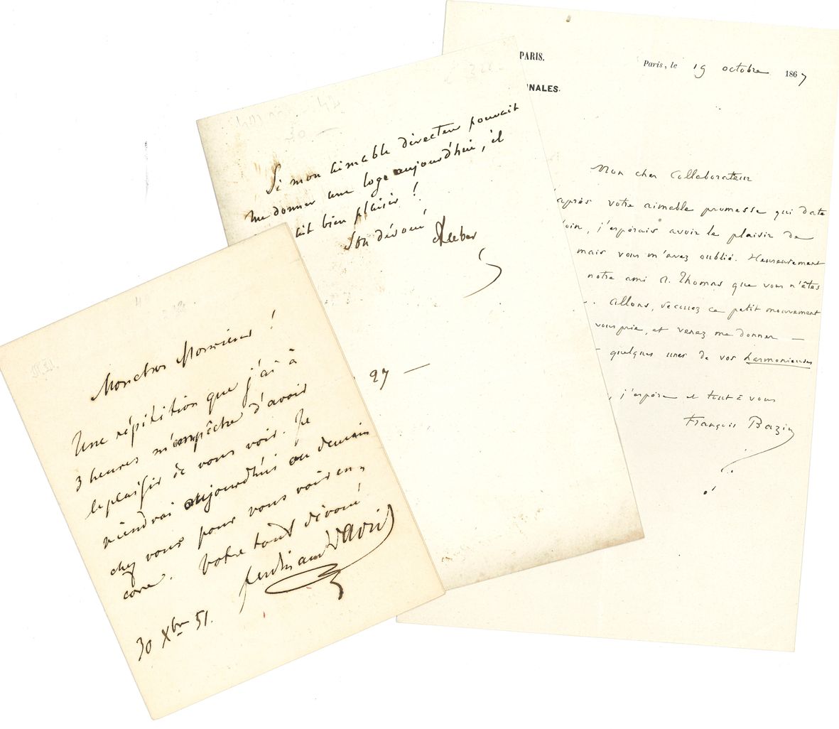 MUSIQUE. 17 L.A.S.

 Esprit Auber (à Émile Pereire), François Bazin, Ferdinand David, Charles Delioux, Georges Enesco (à Blanche Marchesi), Henri Herz (à Norblin), Stanislas Neyrat, Auguste Panseron (2), Joseph Poniatowski, Arthur Pougin (à Eduard Hanslick), Gustave Robert, Gustave Roger (à Hanslick), Ambroise Thomas (2, dont une sur sa carte de visite ; plus une circulaire signée), Pauline Viardot (2).