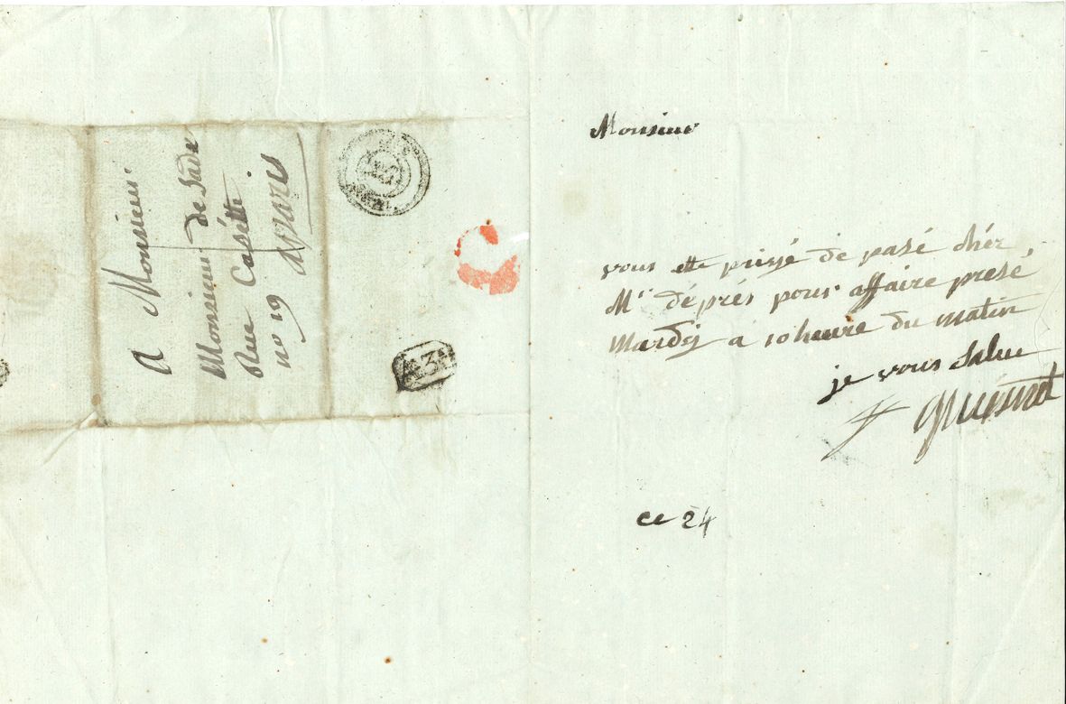 [D.A.F. marquis de SADE]. Marie-Constance Renelle, Mrs. Balthazar QUESNET, mistress of the Marquis de Sade. L.A.S. "F. Quesnet", this 24 [1803?], to Claude-Armand de Sade (son of the Marquis); 1 page petit in-4, address.

 "You are requested to pasé chéz Mr. Deprés for business presé mardy at 10 o'clock in the morning. I greet you "...