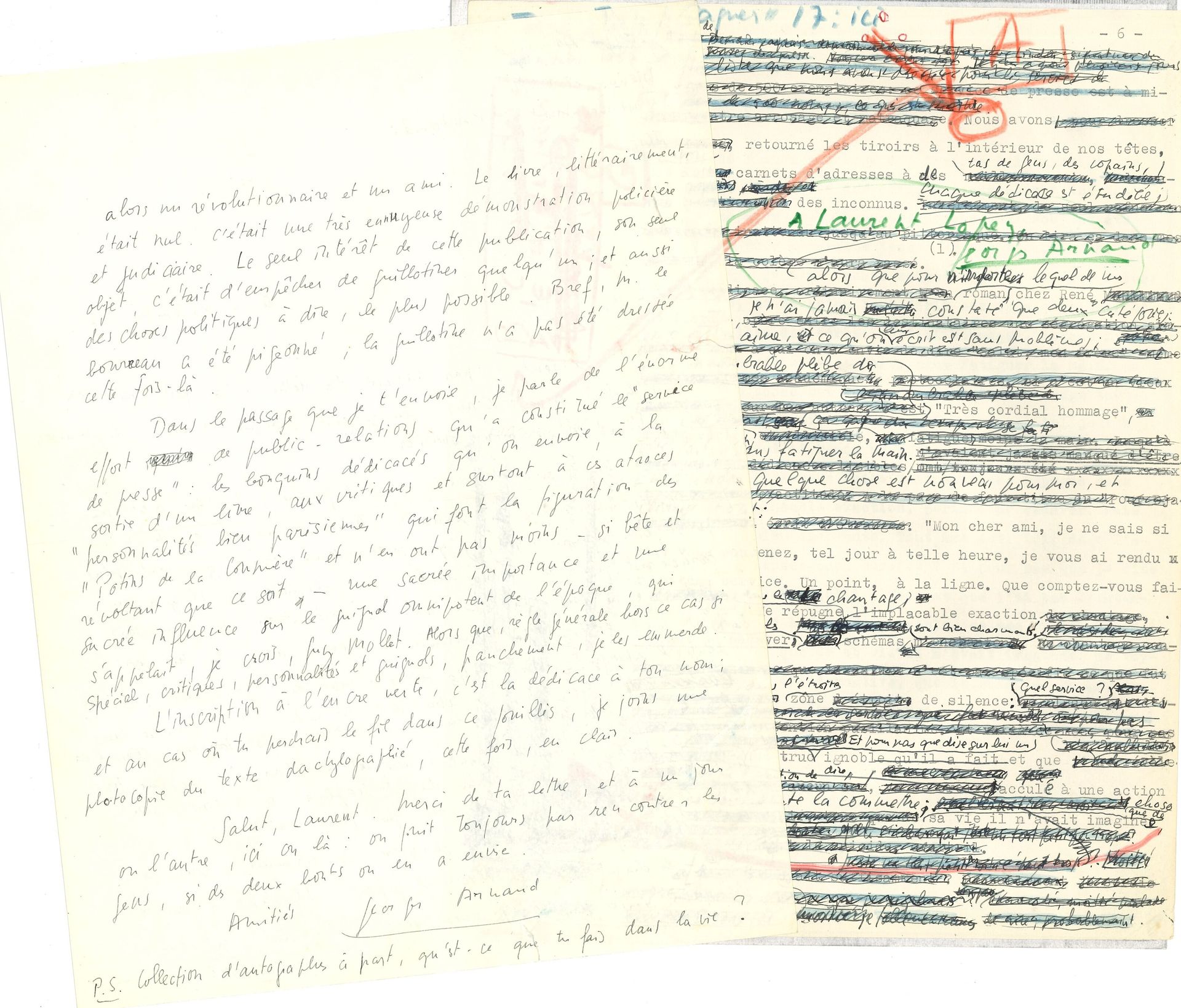LITTÉRATURE. 35 lettres ou pièces, la plupart L.A.S., XXe siècle.

 Georges Arnaud (3, dont un fragment de tapuscrit corrigé et dédicacé, et longue lettre d’envoi, 1967), Eugène Dabit (à un critique), Claude Farrère (21 à son assureur, 1926-1949, sur ses accidents et sur la guerre, plus une photo signée), Jean Guitton (2), Bernard Halda (2), Louis Guilloux (2, à des critiques, dont Dominique Braga, 1930-1931), Henri Guillemin, Émile Henriot (à Bertrand Guégan, rédacteur de l’Almanach de Cocagne, 1920), Pierre Humbourg (1941), Henri de Régnier (à Paul Souday, 1925).