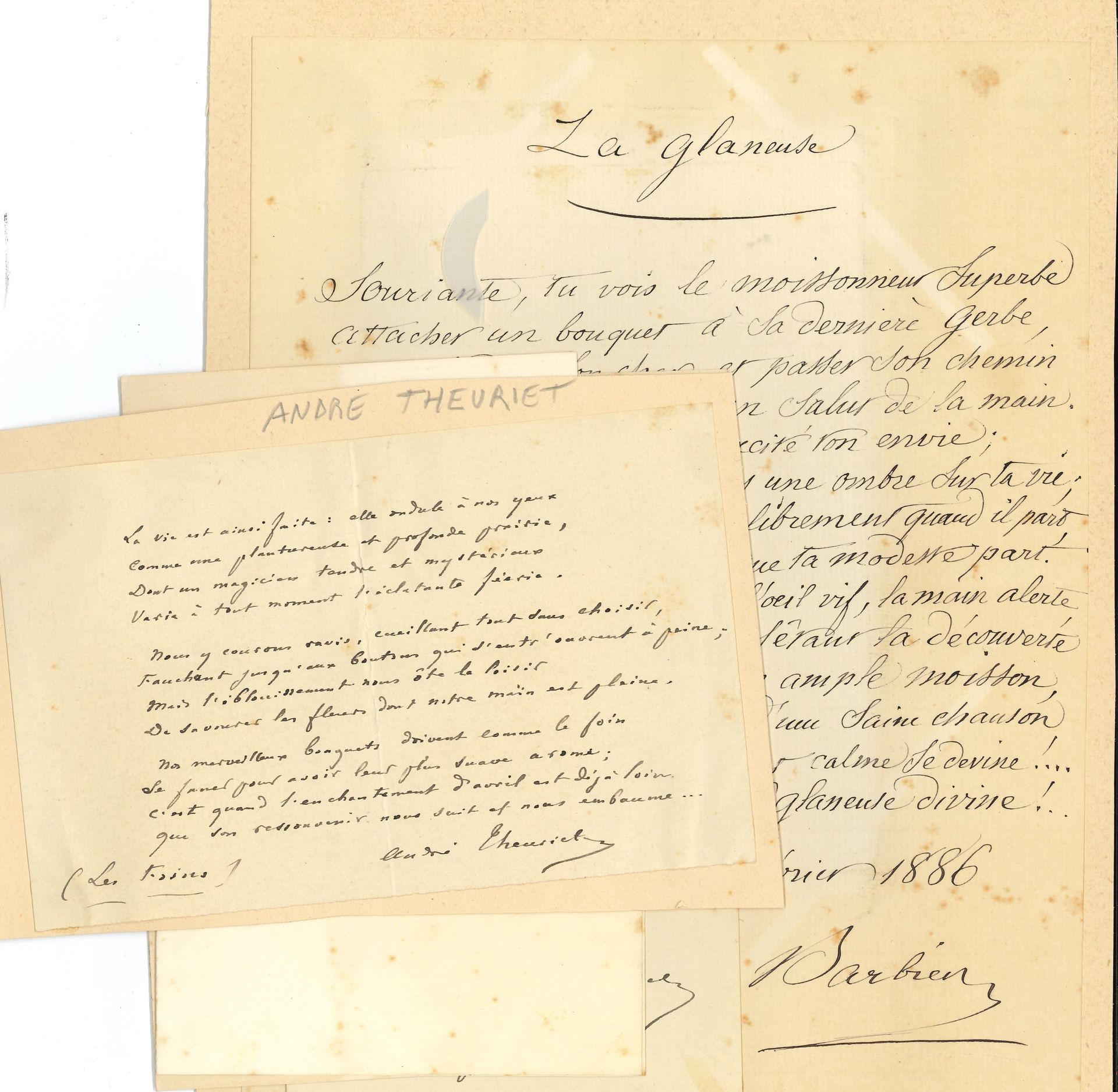literature. L.A.S. and 6 pieces or poems a.s. for an autograph album.

 Jules Barbier (La Glaneuse), François Coppée (serenade extracted from Severo Torelli), Alexandre Dumas fils, Georges Ohnet, Édouard Pailleron (quatrain), André Theuriet (3 stanzas extracted from Les Foins, with l. for sending to a lady).