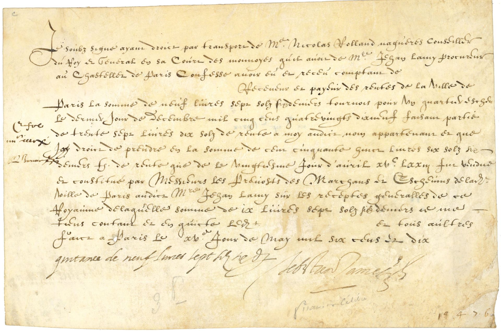Sébastien ZAMET (1549-1614) trésorier d’Henri III et Henri IV. P.S. avec une ligne autographe, Paris 15 mai 1610 ; vélin oblong in-4.

 Reçu de rentes, signé par le grand financier au lendemain de la mort d’Henri IV.