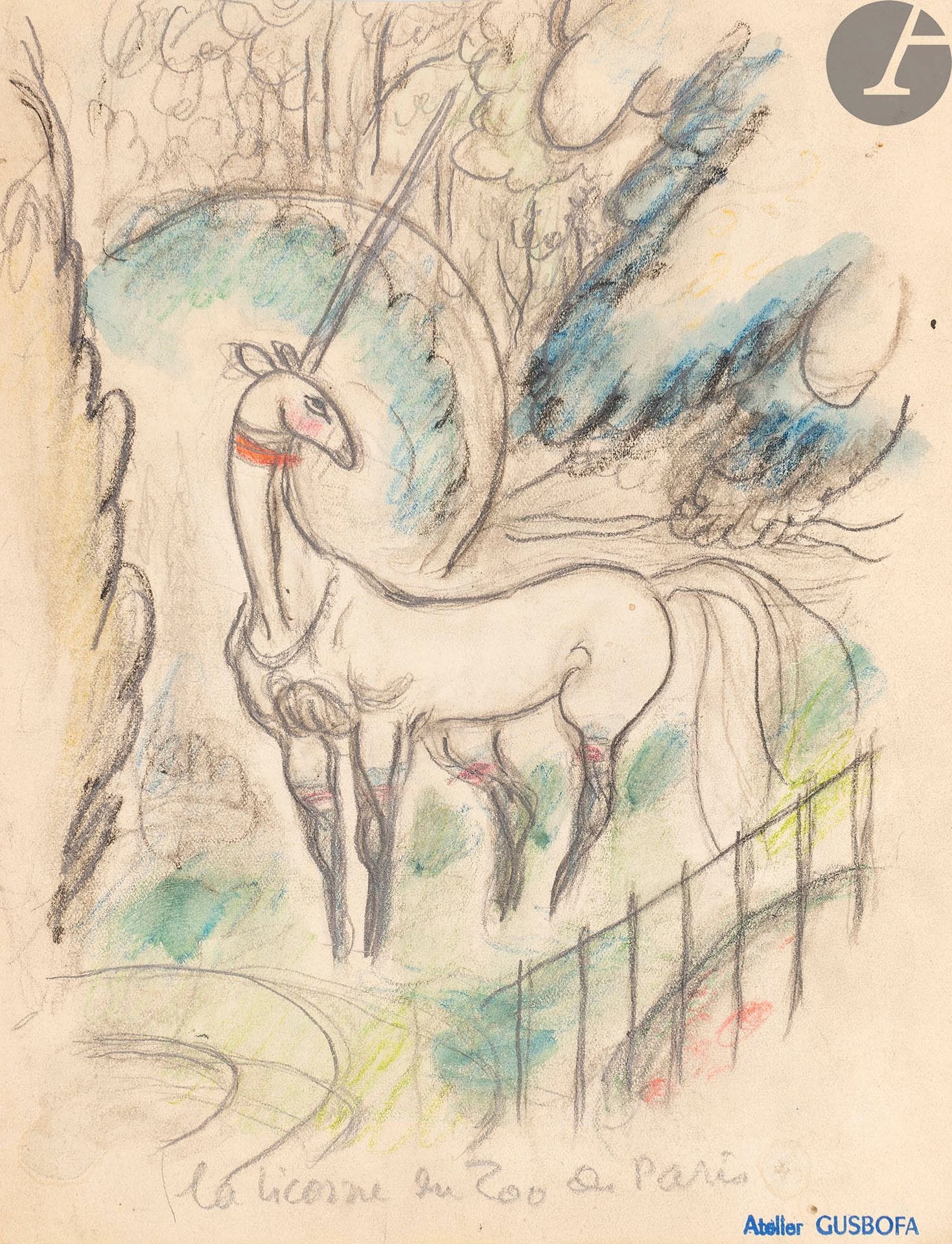 BOFA (Gus).
Zoo.
Paris : Éditions Mornay, 1935. - In-8, 247 x 190 : (70 ff. first blank), illustrated cover. Paperback, filled cover.

First edition of this admirable book in which Gus BOFA (1883-1968) humorously but incisively criticizes humanity.

"I don't like men very much, but I have a lot of tenderness for animals (...) It's not that they are better than man: they are, as much as he is, ugly, dirty, lazy, thieving, dirty, liars, obscene and cowardly (...) In fact, I don't care so much about proving my friendship to the beasts, as about deserving theirs. I need to be forgiven, by each of them in particular, for the thousand-year-old muflurgy of my whole race towards them". (Preliminary).

The edition is illustrated with 72 compositions by the artist, including one on the cover, one on the title and 70 in the text or on full page.

Edition of 1210 copies, this one being one of 995 on Navarre paper (n° 274).

EXAMPLE WITH A VERY BEAUTIFUL ORIGINAL DRAWING BY GUS BOFA, done in graphite and colored pencils, representing "The Unicorn of the Paris Zoo" (24,5 x 18,8 cm). (24,5 x 18,8 cm). This drawing does not bear the signature of the artist but the stamp of his workshop.

Cover slightly soiled.














