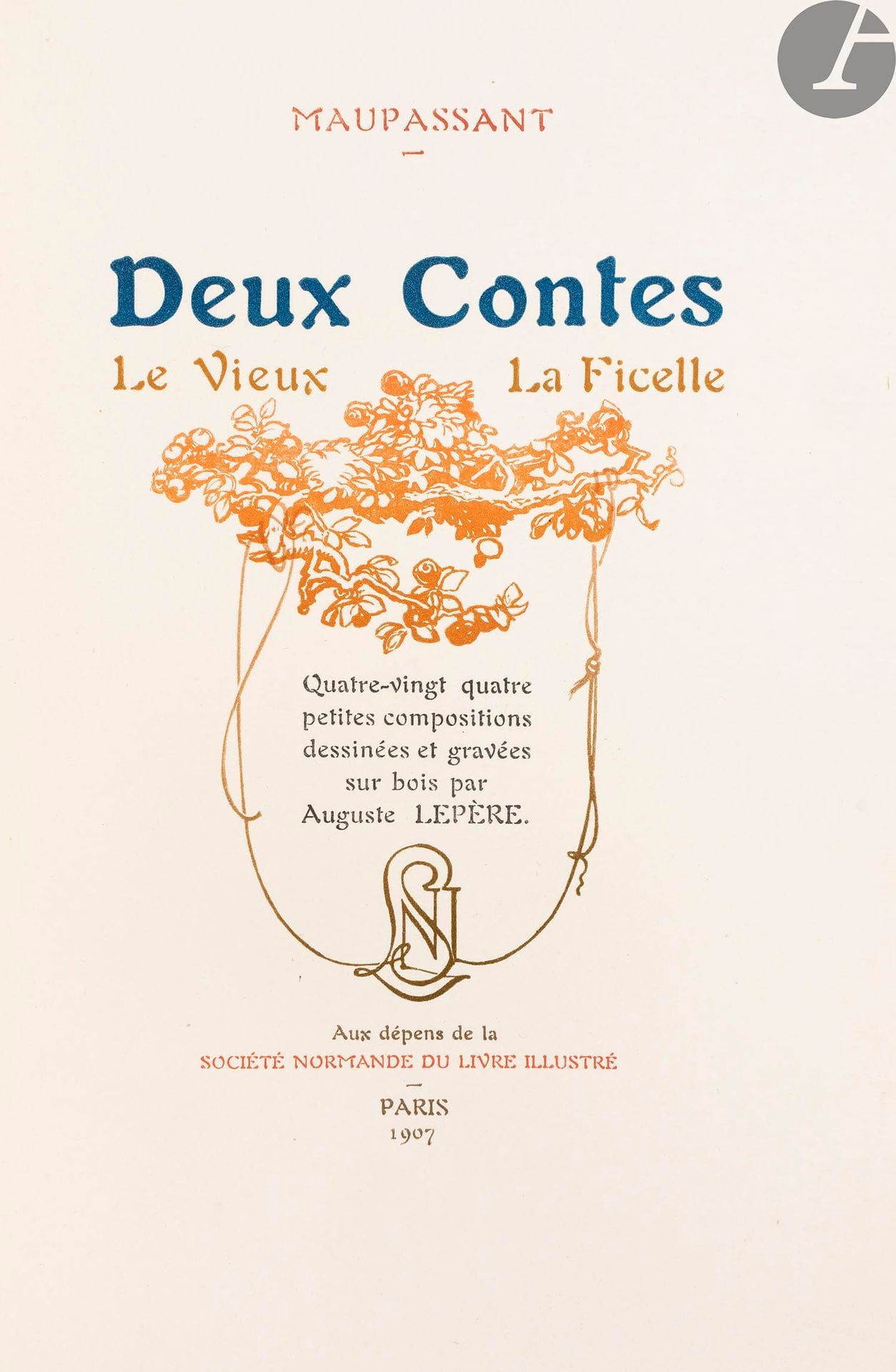 MAUPASSANT (Guy de).
Deux Contes. Le Vieux. La Ficelle.
Paris : Aux dépens de la Société Normande du livre illustré, 1907. — In-8, 241 x 162 : (1 f. blanc), 89 pp., (2 ff.), couverture illustrée. Maroquin bordeaux, quadruple filet doré en encadrement sur les plats, dos à nerfs orné, filets dorés intérieurs, tête dorée, non rogné, couverture et dos conservés, étui (S. David 1913).

Remarquable et luxueuse édition, dans le plus pure style Art nouveau, imprimée en deux couleurs à l’aide des caractères dessinés par Georges Auriol et gravés par Georges Peignot.
Elle est illustrée de 84 jolis bois originaux tirés en camaïeux du graveur et dessinateur Auguste Lepère (1849-1918) qui a d’ailleurs lui-même assuré l’impression de l’ouvrage sur ses presses à bras.

Tirage unique à 120 exemplaires numérotés sur vergé de Hollande fabriqué spécialement pour cet ouvrage, au filigrane dessiné par l’artiste (n° 84).

Bel exemplaire.
Dos très légèrement passé.