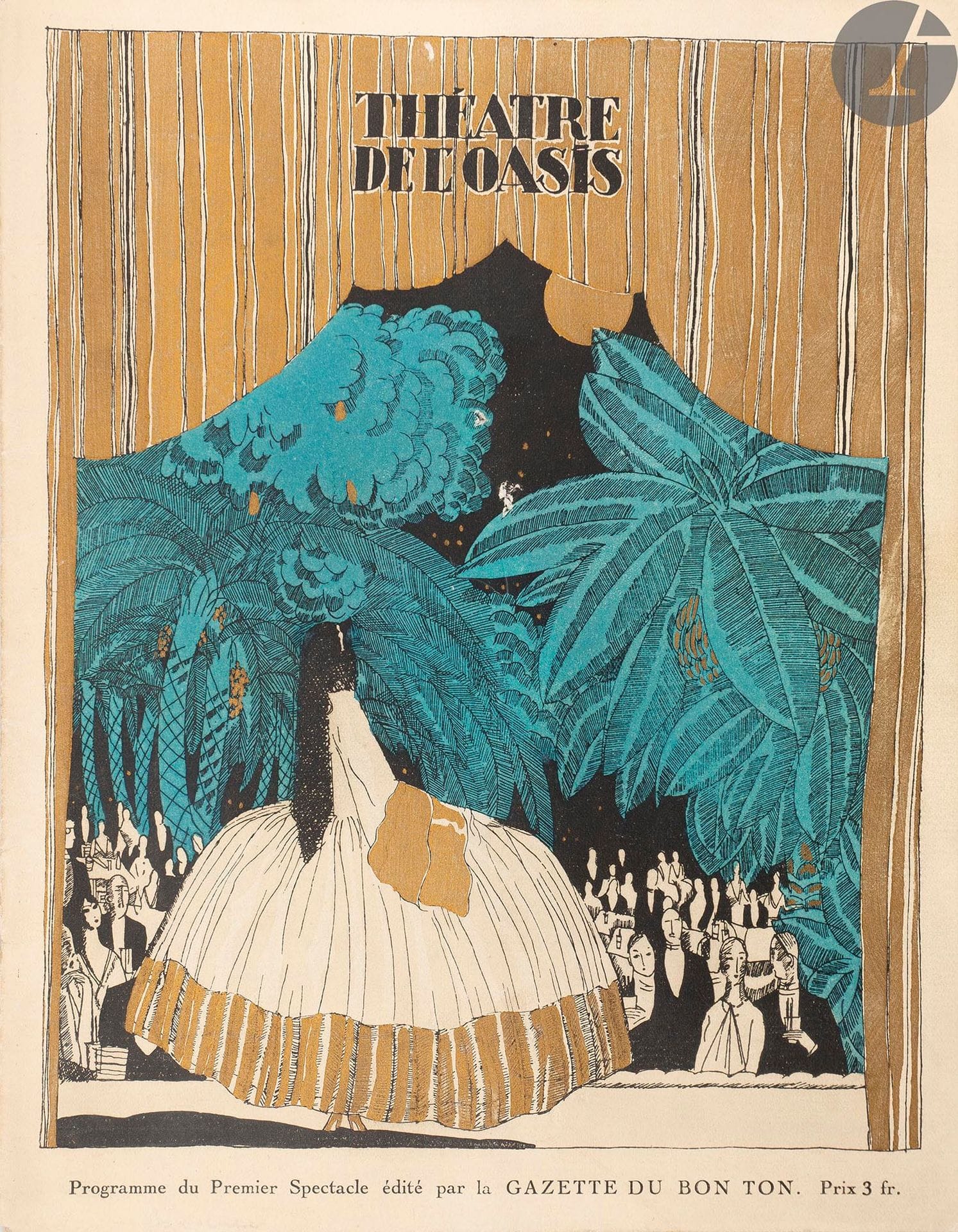 GAZETTE DU BON TON (La). Art, mode & frivolités.
Paris : Les Publications Lucien Vogel, 1912-1925. — 64 fascicules (sur 69) in-4, en feuilles.

Collection quasiment complète de cette célèbre et luxueuse revue de mode initiée par Lucien Vogel, parue entre 1912 et 1925, qui reste l’une des principales vitrines du goût français durant les années folles.

Y collaborèrent les auteurs en vogue à l’époque tels que Jean Giraudoux, Tristan Bernard, Gérard Bauër, Henri Duvernois, Émile Henriot, Pierre Mac Orlan, Henri de Régnier, Jean Cocteau, Radiguet, etc. Leurs rubriques portent tant sur la mode que sur les spectacles, les expositions, les chroniques mondaines, les nouvelles littéraires ou encore les récits de voyages.

Chaque numéro est illustré de belles compositions en couleurs dans le texte et de planches coloriées au pochoir représentant en grande majorité des toilettes inventées par les artistes eux-mêmes et par des couturiers tels que Beer, Dœuillet, Jeanne Lanvin, Paul Poiret, Camille Roger, Madeleine Vionnet, Worth, etc.

Les principaux artistes qui ont collaboré à cette revue sont Léon BAKST, George BARBIER, Eduardo GARCÍA BENITO, Robert BONFILS, Bernard BOUTET DE MONVEL, Pierre BRISSAUD, Umberto BRUNELLESCHI, Charles MARTIN, Georges LEPAPE, Valentine HUGO, André-Édouard MARTY, Jean-Émile LABOUREUR, etc.

Comprend :
- 1ère année, 1912-1913 : 7 numéros sur 12 [70 planches].
Seule année incomplète. Il manque les numéros 3, 4, 5, 7 et 8. Chaque numéro présent est bien complet de ses planches.

- 2e année, 1914-1915 :
Année complète en 9 numéros, soit 8 brochures, la dernière comptant pour 2 numéros. Complet également de toutes les planches au nombre de 79.

Les n° 6 et 7 comprennent le papillon imprimé en rouge intitulé À nos abonnés concernant l’avis de publication d’un numéro exceptionnel de la revue deux fois par an. La onzième planche du numéro 7 n’est pas numérotée, elle représente une publicité illustrée par Pierre Brissaud pour les automobiles Renault, légendée « Enfin, la voilà ! ». La planche 2 du dernier numéro est en double.

- 3e année, 1920 :
Année complète de ses numéros et de ses 127 planches dont 48 de croquis. Il manque seulement 3 feuillets liminaires dans le numéro 4, correspondant aux pages XXVII à XXXII réservées à des publicités.
On joint 2 bulletins d’abonnement à la Gazette dans le premier numéro. Le premier et le 8e numéro comprennent en plus une planche non numérotée pour la parfumerie de Morny ; le second numéro comprend une publicité sur papier couché pour l’artiste-décorateur Madame Pangon. Le numéro 8 est bien complet de la conférence de 4 pages prononcée par Paul Poiret au Salon d’Automne, intitulée Défense de la mode. Le numéro 10 comporte le papillon indiquant la présence de « la table des matières des 2 numéros de la Gazette du Bon Ton parus dans le second semestre 1914 ».

- 4e année, 1921 :
Année complète de ses numéros et de ses 100 planches dont 20 de croquis.
La suite des 4 lithographies du numéro 3 est en double, tout comme la planche 67.

- 5e année, 1922 :
Année complète de ses numéros mais comprenant 149 des 157 planches requises. Il manque 8 des 80 planches de croquis, c’est-à-dire celles numérotées de IX à XVI dans le numéro 2.
Les planches de croquis des 3 derniers numéros n’ont pas de titre. Elles contiennent chacune au dos des figures de mode en noir.

- 6e année, 1923-1924 :
Année complète de ses numéros et de ses 58 planches. 
Le premier numéro contient la brochure informant le lecteur du changement de direction, accompagnée d’un bulletin d’abonnement. Le numéro 5 est enrichi d’une dédicace au stylo adressée à Jacques Crépineau par un ami.

- 7e année, 1924-1925 :
Année complète de ses numéros et de ses 70 planches.
Le numéro 7, consacré au Pavillon de l’élégance, contient 12 planches, à savoir les planches 49 à 59 et une publicité pour la manufacture de papiers peints « La Décoration Française Mahieu, Devaux & Cie ». Les planches 54 et 57 ne sont pas numérotées et la planche 51 est par erreur notée comme faisant partie du n° 6 de la Gazette. Le dernier numéro se termine par deux feuillets et une série de 8 planches, le tout donnant la représentation en doré de 12 robes.

Déchirures et réparations au dos de plusieurs couvertures parmi les premiers numéros. Mouillures dans la marge haute de la couverture du numéro de l’été 1915 et au dos de la couverture du numéro 5 de 1920. Transferts sans gravité de certaines gravures. Quelques rousseurs éparses par endroits. Réparation à l’intérieur des deux derniers numéros de la 7e année.

On joint :
- Catalogue de l’exposition des collaborateurs de la Gazette du Bon Ton. Paris : Galerie Levesque, 1914. - In-4, broché.
Catalogue de l’exposition qui s’est déroulée du 5 décembre 1913 au 5 janvier 1914 à la Galerie Levesque. Exemplaire enrichi de la couverture de L’Escapade de Régnier illustrée