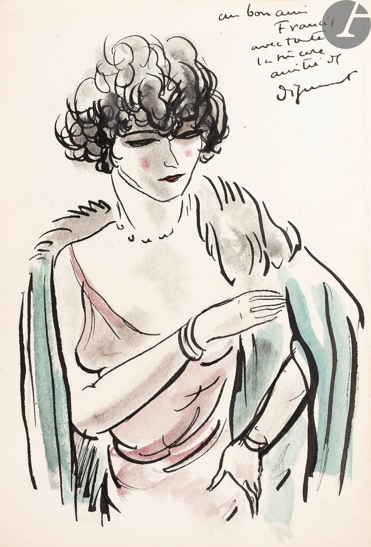 COLETTE.
La Vagabonde.
Paris : A. & G. Mornay, 1926. — In-8, 201 x 167 : frontispice, 333 pp., (1 f.), 2 planches, couverture illustrée. Demi-maroquin rose à coins, filets dorés, dos à nerfs orné de filets dorés, tête dorée, non rogné, couverture et dos conservés (reliure de l’époque).

Édition tirée à 1065 exemplaires, illustrée de nombreuses compositions en couleurs d’André DIGNIMONT, dont une en frontispice et 2 hors texte.

Un des 942 sur vélin de Rives, celui-ci non numéroté.

EXEMPLAIRE DE FRANCIS CARCO.

Il est enrichi d’une aquarelle originale à pleine page dédicacée par l’artiste (au bon ami // Francis // avec toute // la sincère // amitié de // Dignimont) et de ce bel envoi de Colette sur le faux titre :

à Franco, // hommage ! // Fran. Colette // ce jeudi 14 avril // chez Dignimont // aux sons de l’accordéon // du “Grand Dig” // avec ma tendre affection // Colette

Bon exemplaire, enrichi d’une invitation adressée à Jacques Crépineau pour une représentation du 10 au 20 novembre 2011 de la pièce Colette, la Vagabonde au théâtre Petit Hébertot à Paris.