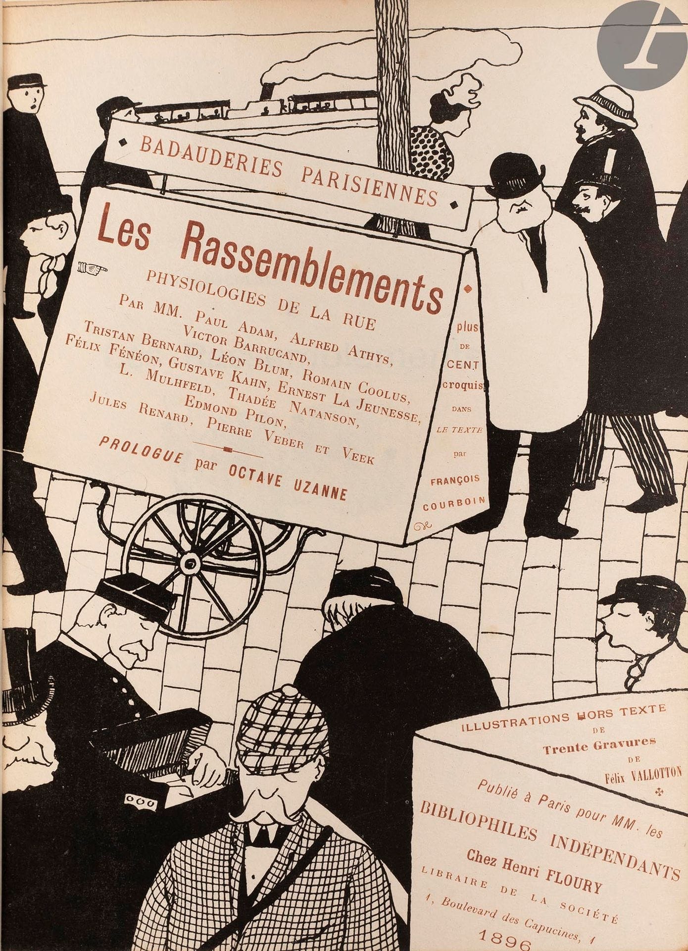UZANNE (Octave) - VALLOTTON (Félix).
Badauderies parisiennes. Les Rassemblements. Physiologies de la rue observées et notées par Paul Adam, Alfred Athys…
Paris : imprimé pour les bibliophiles indépendants, Henri Floury, 1896. — In-8, 230 x 171 : (2 ff.), XII, 232 pp., 30 planches, couvertures illustrées. Veau havane, plats incrustés d’un cuir gaufré orné d’un riche décor japonisant du XIXe siècle, à motifs de criquets, libellules et fleurs, tête dorée, non rogné, double couverture conservée (Patrice Goy).

Édition originale publiée par Octave Uzanne, de ce recueil de 30 textes d’auteurs pour la plupart humoristes, plus ou moins liés à La Revue Blanche : Gustave Kahn, Tristan Bernard, Romain Coolus, Pierre Veber, Thadée Natanson, Ernest La Jeunesse, Victor Barrucand, Eugène Veek, Paul Adam, Lucien Muhlfeld, Jules Renard, Léon Blum, Alfred Athys, Edmond Pilon et Félix Fénéon. Octave Uzanne a quant à lui composé le prologue.

L’édition est illustrée de 33 compositions originales gravées sur bois par Félix VALLOTTON, dont 30 hors texte sur japon et 3 dans le texte, ainsi que de 120 vignettes dues à François Courboin. C’est dans cet ouvrage qu’apparaît pour la première fois le nom de Vallotton en tant que graveur.

Tirage à 220 exemplaires.

Très bel exemplaire dans une reliure moderne employant une pièce de cuir gaufré à décor japonisant de la fin du XIXe siècle sur les plats, sans doute provenant de la reliure d’origine. Il est complet de la double couverture dont l’une sur japon pelure ornée d’une grande composition de Vallotton. Le relieur n’a pas conservé les dos.