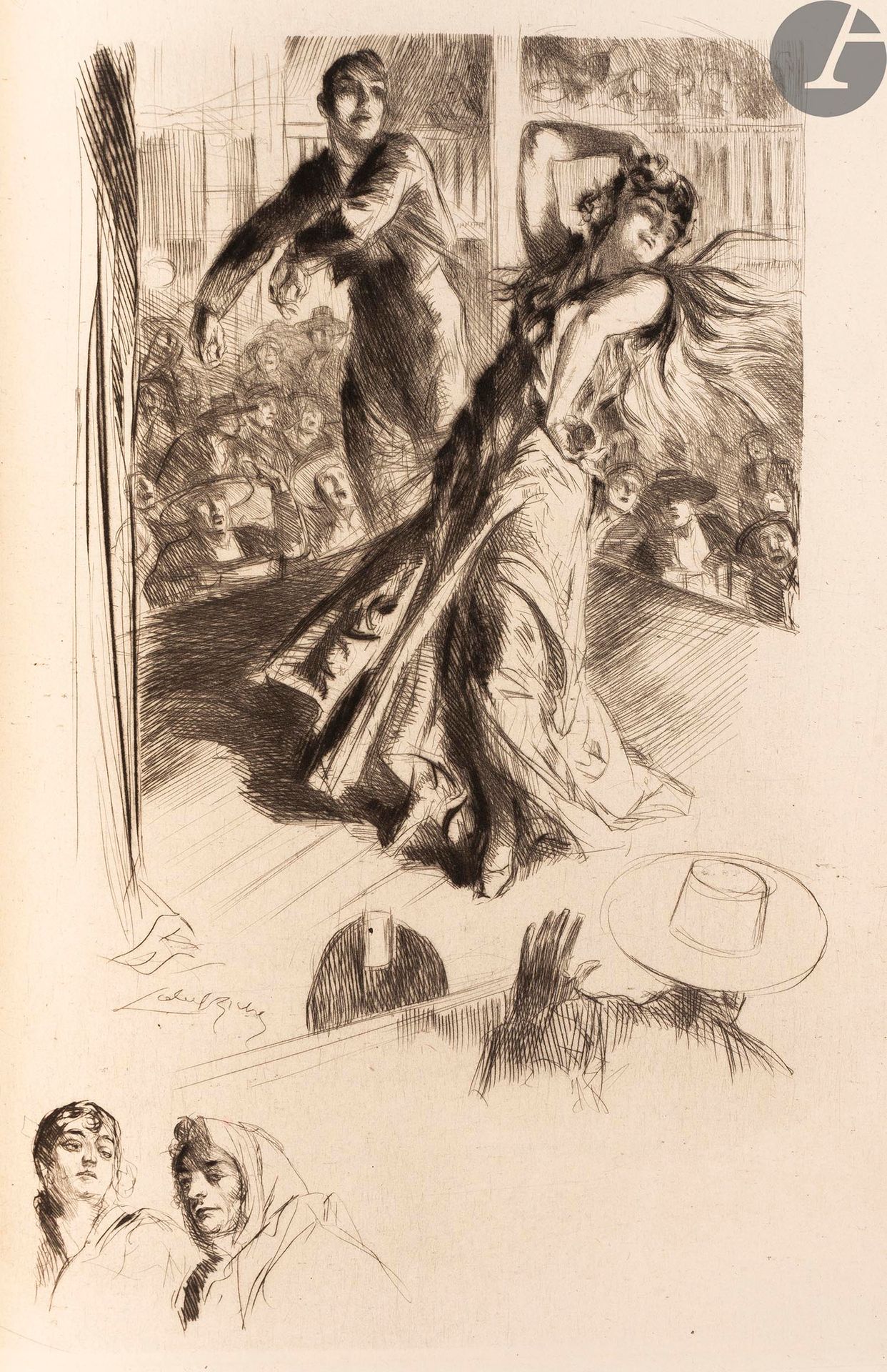 REBOUX (Paul) - LOBEL-RICHE (Alméry).
La Maison de danses. Roman.
S.l. : Pour le compte des Auteurs, [1928]. — In-8, 275 x 188 : 284 pp., (4 ff. dernier blanc), couverture imprimée. Maroquin citron, danseuse espagnole mosaïquée de différents maroquins sur le premier plat, attributs composés d’une guitare, de fleurs, d’un éventail et d’un peigne à cheveux mosaïqués au centre du second plat, dos à nerfs orné au centre d’un poignard ensanglanté, de castagnettes et de deux grenades (fruits) mosaïqués, encadrement de maroquin citron à l’intérieur, orné de filets dorés, d’un filet noir et de motifs mosaïqués aux angles, doublures et gardes de soie brochée, doubles gardes, tête dorée, non rogné, couverture et dos conservés, étui (Vermorel).

Édition de « grand luxe » publiée à 250 exemplaires, illustrée de 35 pointes sèches originales de LOBEL-RICHE.
Un des 220 exemplaires sur vélin d’Arches, celui-ci faisant partie des 150 enrichis d’une suite des pointes sèches avec remarques (n° 232).

Exemplaire en très belle reliure mosaïquée de Vermorel. Il est enrichi d’un portrait photographique de l’auteur et d’une L.A.S. de ce dernier, montée en tête, datée du 21 février 1901, de 3 pages in-16, adressée à une dame.