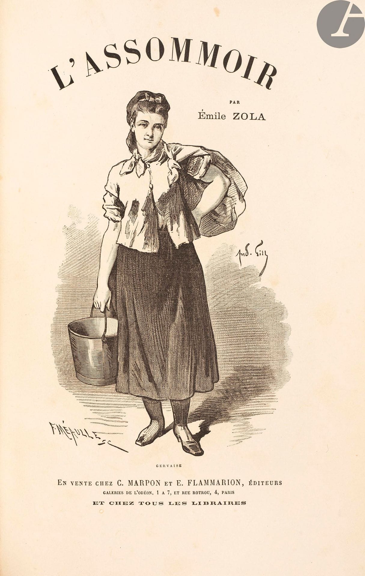 ZOLA (Émile).

L'Assommoir._x000D_.

Paris: C. Marpon, E. Flammarion, [1878]. - Large in-8, 294 x 194: (1 f.), 466 pp. illustrated cover. Dark green half-maroquin with corners, spine gilt, untrimmed, cover and spine preserved (Bretault)._x000D_

_x000D_

First illustrated edition, published in 59 issues from May to December 1878. It is illustrated with 62 large woodcuts, including one on the title, one in the text and 60 full-page compositions by André Gill, Frédéric Régamey, Bellenger, Clairin, Alfred Garnier, Maurice Leloir, Auguste Renoir, etc._x000D_

_x000D_

Un des 130 exemplaires numérotés sur papier de Hollande (n° 15), comprenant une suite des gravures sur chine avant la lettre._x000D_

_x000D_ _x000D_

This copy is enriched with an engraving by Clairin in 12-page format, as well as an interesting L.A.S. from the painter and illustrator Pierre-Georges Jeanniot (1848-1934), one page in-12, about drawings for L'Assommoir: "I accept with pleasure our new agreements 200f the exclusive right of each drawing of the Assommoir with the property remaining to me". There is also at the end a notice on Zola, taken from an album._x000D_

_x000D_

Spine faded, tear on one edge of the second cover. Scattered foxing.