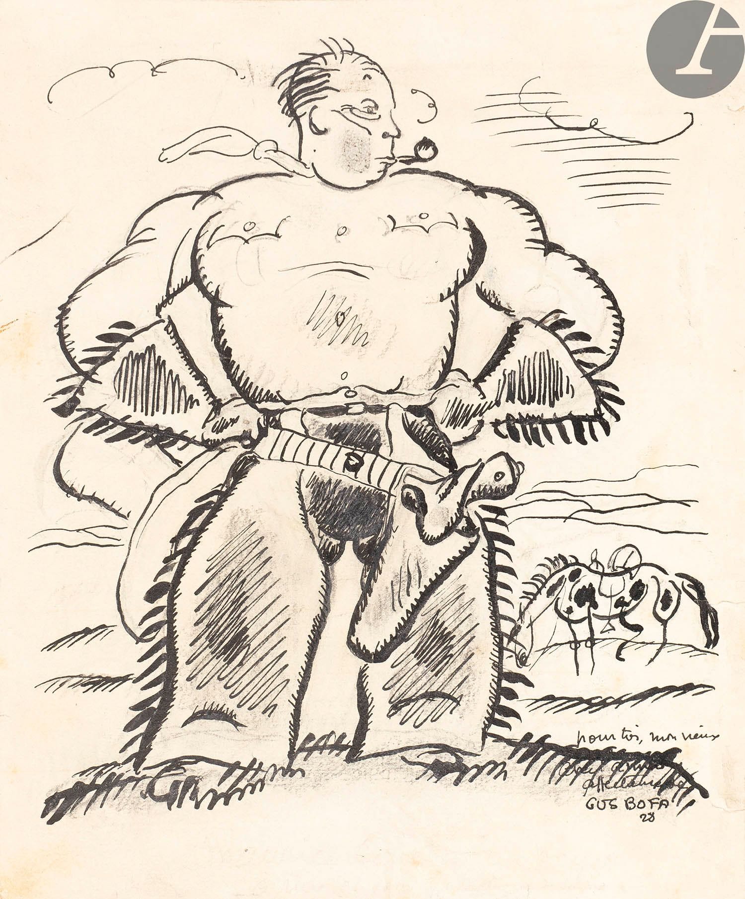 BOFA (Gus).
La Peau de vieux.
Paris : Marcel Sautier, [1947]. — In-8, 240 x 185 : 152 pp., (4 ff. 2 derniers blancs), couverture imprimée. En feuilles, couverture rempliée, chemise et étui de l’éditeur.

Édition originale tirée à 475 exemplaires plus quelques exemplaires réservés pour les collaborateurs, de ce plaisant recueil de dessins consacrés à la vieillesse par Gus BOFA (1883-1968). Elle est illustrée d’une eau-forte originale en frontispice et de 73 dessins dont 61 avec légende, 1 à pleine page, 10 en bordure de la liste de tests à la fin, et d’une vignette en regard du colophon.
Un des 75 premiers exemplaires sur Rives, contenant une eau-forte supplémentaire en deux états, un premier état du frontispice et une suite de toutes les illustrations sur vélin de Lana.
Exemplaire enrichi d’un envoi de Gus Bofa adressé à Frédéric Hodel :

Pour Frédéric Hodel // quand il aura 30 ans // son ami Gus Bofa // 
Noël 57

Le dédicataire l’offrit par la suite à une certaine Marie, avec un ex-dono au stylo sous la dédicace.
L’exemplaire est également enrichi d’une suite de 32 compositions reproduites en couleurs pour les Contes et nouvelles de Marcel Aymé, ainsi que de 3 DESSINS ORIGINAUX DE L’ARTISTE, dont deux ont été visiblement faits pour le livre mais n’ont pas été retenus, et un dédicacé (le nom du destinataire est difficile à lire), daté de 1928.

Étui abîmé.