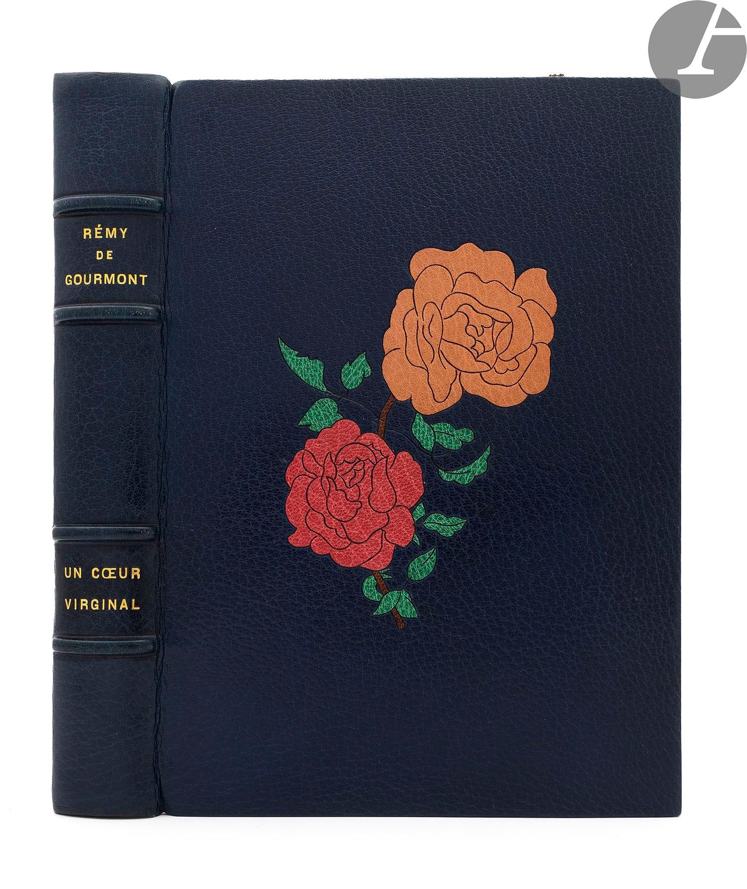 GOURMONT (Remy de) - LABOUREUR (Jean-Émile).
A virginal heart. Roman.
Paris : Les Cent bibliophiles, 1937. - In-8, 256 x 181 : (6 ff.), 196 pp. (4 ff. last 2 blank), printed cover. Dark blue morocco, boards decorated in the centre with two mosaic roses in old rose and beige morocco, with brown morocco stem and green morocco leaves, spine ribbed, dark blue morocco framed inside, decorated with a gilt fillet, blue moiré silk lining and endpapers, double guards, edges gilt on witnesses, cover and spine preserved, spine folder and dark blue chagrin overlay bands, case (S. Andrieux).

Sylvain Laboureur, Catalogue complet de l'œuvre de Jean-Émile Laboureur, II, pp. 266-271, n° 524.

120 numbered copies on vellum paper from the papeteries de Rives (n° 115), illustrated with 34 beautiful etchings in colours by Jean-Émile LABOUREUR (1877-1943)

Beautiful copy in a mosaic binding, made in the 1950s by Serge Andrieux.

Damaged slipcase.









