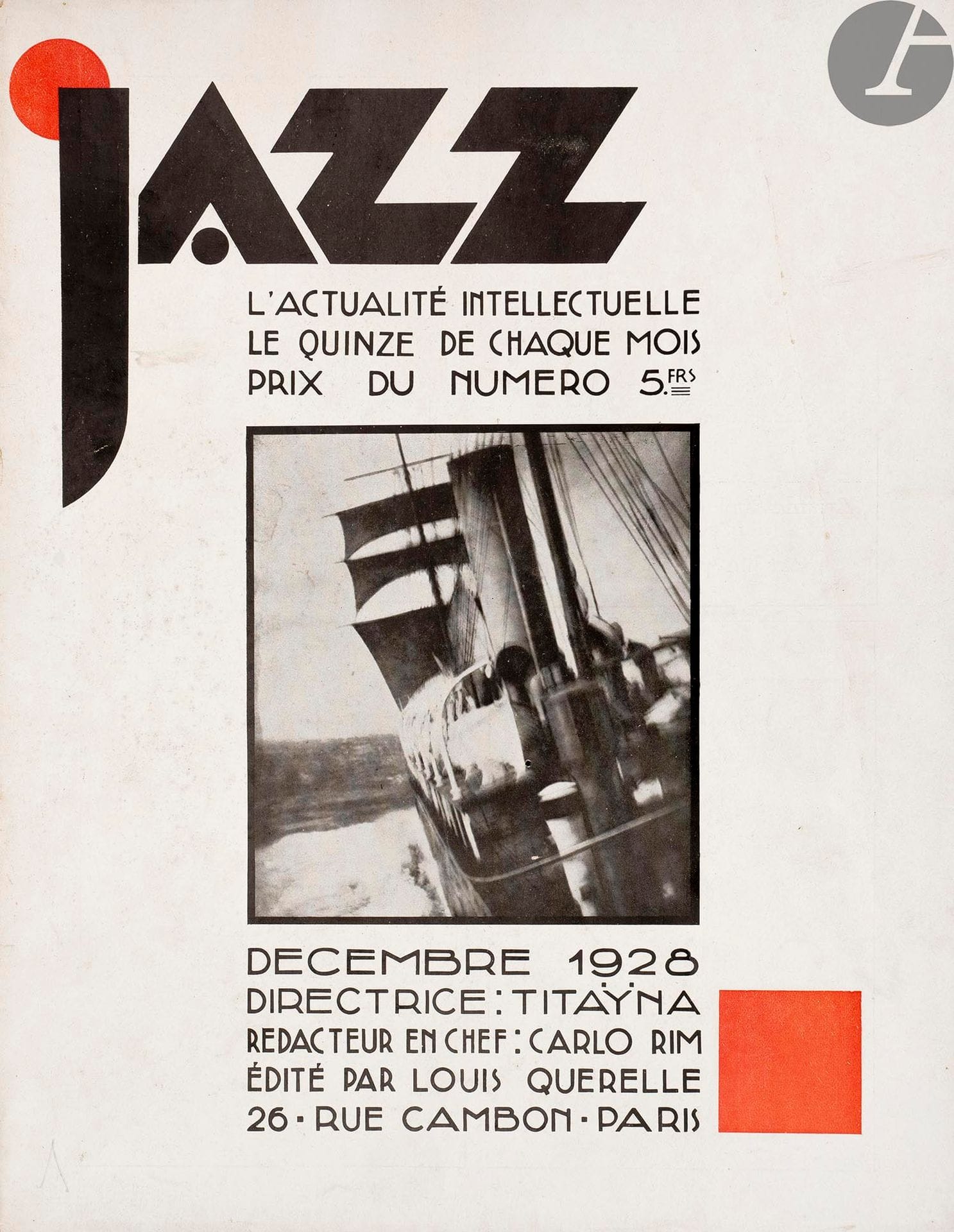 TITAŸNA.
Jazz. L’actualité intellectuelle.
Paris : Louis Querelle, décembre 1928-1931. — 17 fascicules in-4. Agrafés, sous chemise et étui postérieurs.

Collection complète des 17 numéros de cette revue créée en 1928 à Paris par Élisabeth Sauvy, sous le pseudonyme de Titaÿna, et Louis Querelle.

L’ensemble se compose de 15 numéros parus entre décembre 1928 et mars 1930, plus deux numéros « hors-série » qui furent publiés en 1931 intitulés Exotisme et Nudisme. Contrairement à ce que peut laisser entendre le titre, cette revue ne porte pas que sur la musique mais également sur la littérature, les spectacles en général, l’art, la photographie, l’architecture, les salons, les expositions, etc. Y collaborèrent de nombreux écrivains tels que Carlo Rim (rédacteur en chef), Pierre Mac Orlan, Marcel Pagnol, Jean Fayard, Joseph Delteil, Gus Bofa, Max Jacob, Willy, André Salmon, Henry de Montherlant, Joseph Conrad, Ivan Goll, etc.
L’illustration y est abondante, comprenant des compositions en reproduction d’artistes aussi divers que Carlo Rim, Louis Touchagues, Jean Cocteau, Bécan, Serge, Alfred Jarry, Vertès, etc., et surtout de très nombreuses photographies de Germaine Krull, Man Ray, Bérénice Abbott, Nadar, Manuel frères, Roger Parry, Emmanuel Sougez, Maurice Tabard, etc.
Exemplaires très bien conservés malgré quelques salissures aux couvertures.