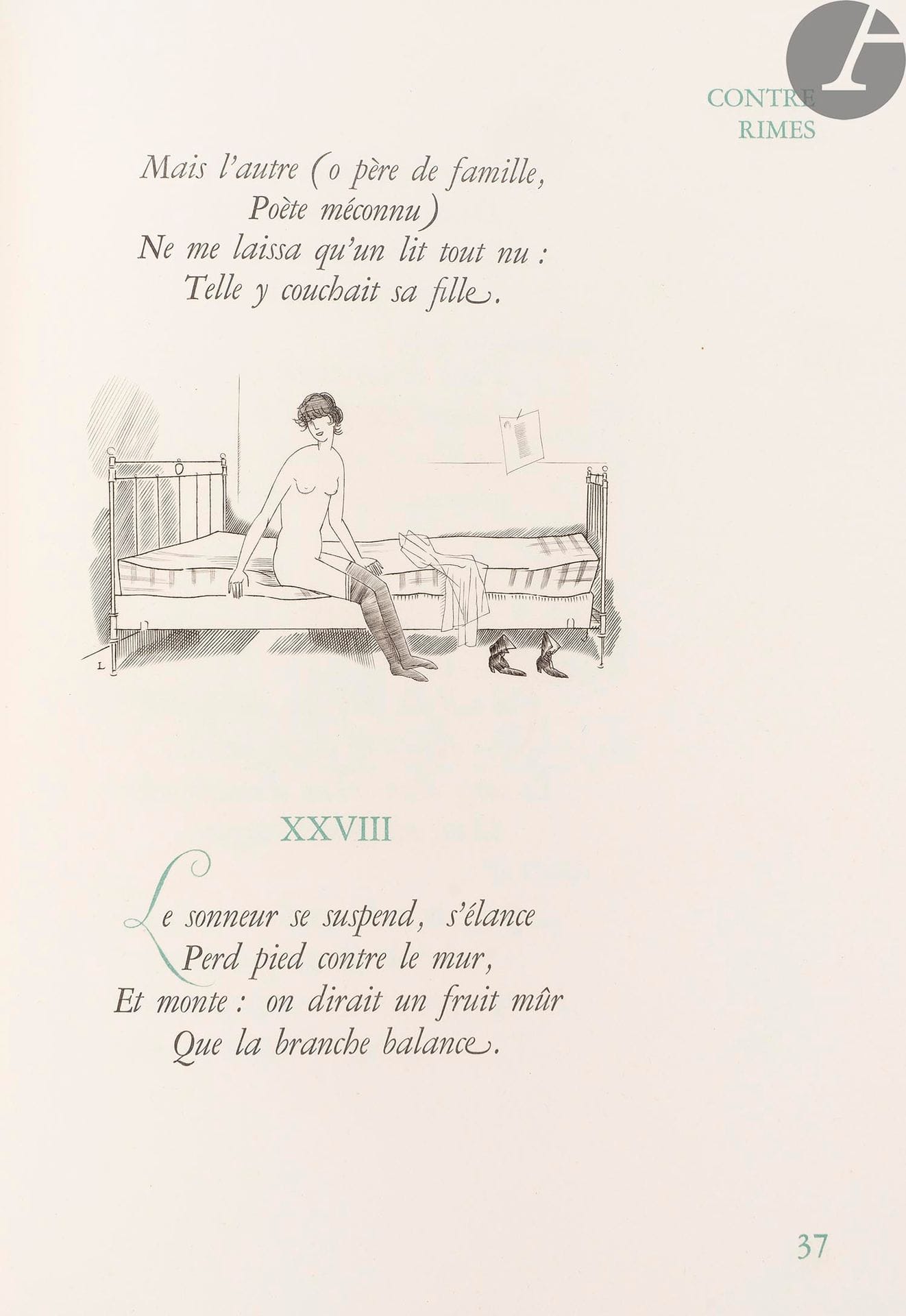 [LABOUREUR (Jean-Émile)] - TOULET (Paul-Jean).
Les Contrerimes.
In-4, 303 x 235 : 145 pp., (3 ff. 2 derniers blancs), couverture imprimée. Maroquin vert janséniste, dos à nerfs, doublures de daim parme bordé d’un listel de maroquin violet et d’un filet doré, gardes de daim parme, doubles gardes, tranches dorées sur témoins, couverture et dos conservés, chemise à dos et bandes à recouvrement de maroquin vert, étui (Laurent).

Sylvain Laboureur, Catalogue complet de l’œuvre de Jean-Émile Laboureur, II, pp. 175 à 190, n° 404.
Édition tirée à 301 exemplaires imprimés sur vélin d’Arches, signés par l’artiste à la justification (n° 220), du titre qui rendit célèbre Paul-Jean Toulet (1867-1920).
L’édition, imprimée avec élégance par Jean-Gabriel Daragnès qui assura la mise en page et la gravure des lettrines, est illustrée de 62 gravures au burin de Jean-Émile LABOUREUR (1877-1943). H.M. Petiet démontra en publiant cet ouvrage ses grandes qualités bibliophiliques, comme le rappellera Hervé Dufresne dans son introduction au catalogue de la vente de la bibliothèque Henri-Marie Petiet qui se déroula le 5 juin 2003 : « Cette recherche de la qualité s’exprime pleinement lorsqu’il édita en 1930 les Contrerimes de P.-J. Toulet, avec des gravures au burin de Laboureur, imprimé par Daragnès, l’un des plus beaux livres illustrés du XXe siècle ».
Très bel exemplaire dans une reliure janséniste signée Laurent.
Dos de la reliure très légèrement passé. Dos de la chemise insolé. Quelques petites et rares rousseurs marginales.