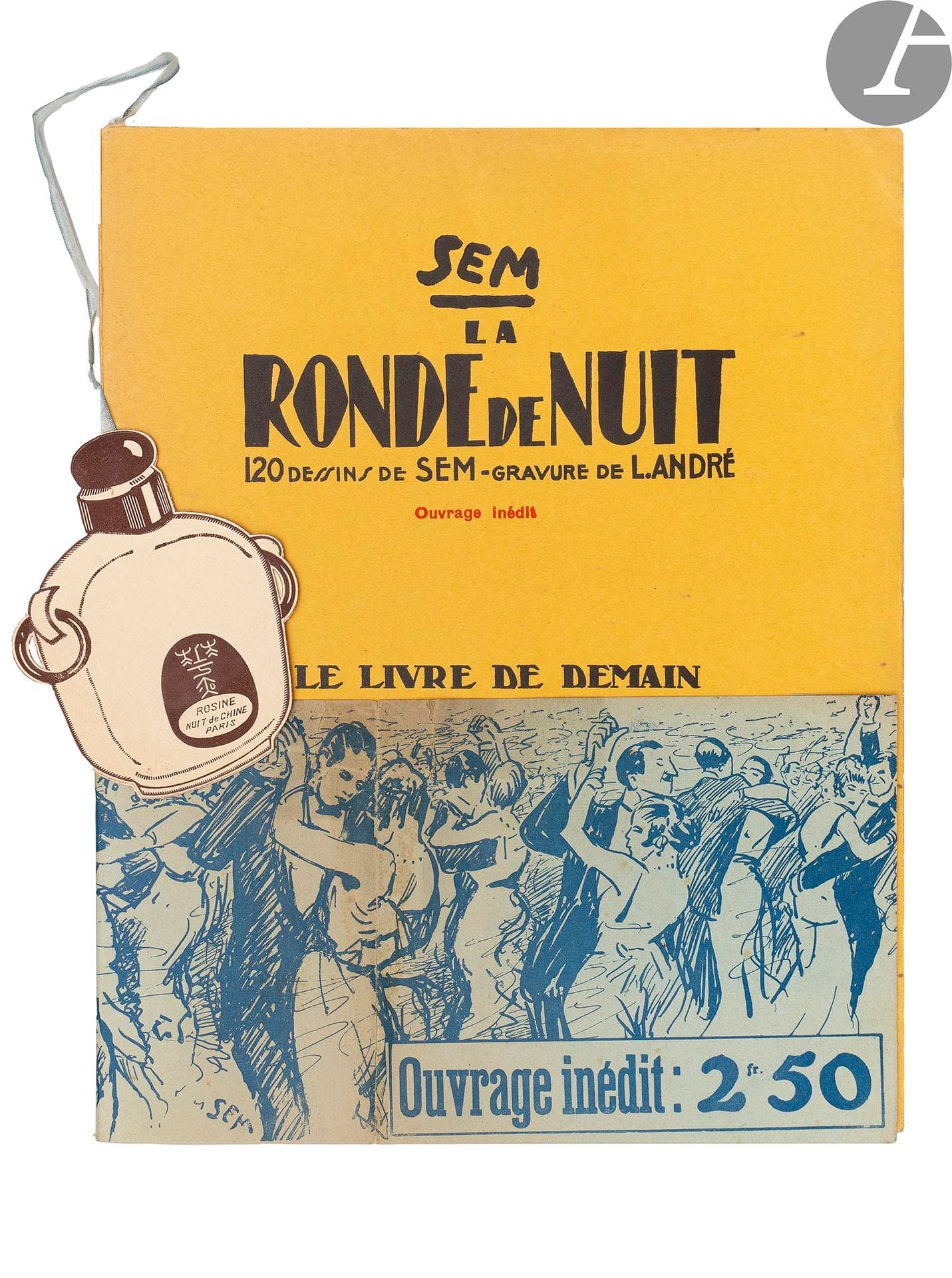 SEM.
La Ronde de nuit.
Paris : Le livre de demain, Arthème Fayard & Cie, 1923. — In-8, 237 x 185 : 126 pp., (1 f.), couverture imprimée. Broché, sous chemise de toile orange et étui modernes.

Édition originale dédiée à Colette, illustrée de 120 compositions de l’auteur reproduites en noir dans les marges et à pleine page, dont 9 ont été gravées par L. André.

Exemplaire complet de la bande-annonce et du signet en forme de bouteille de parfum. Il a été enrichi de deux L.A.S. de Sem montées sur onglets en tête.

Précieux exemplaire accompagnés des pièces et livres suivants :
- autre exemplaire de la bande-annonce seule,
- UNE DES 15 SUITES SUR CHINE DES 9 DESSINS GRAVÉS PAR L. ANDRÉ, chaque épreuve étant numérotée (ici 4/15) et signée par ce dernier,
- autre exemplaire du livre, celui-ci unique, REHAUSSÉ AUX ENCRES DE CHINE PAR L’HOMME DE LETTRES, POÈTE ET JOURNALISTE JEAN DE CORDESTIEUX (1894-1967), enrichi d’une carte de visite autographe de Sem. Complet du signet,
- exemplaire du livre suivant : SEM. La Cathédrale de Reims. Texte et dessins de Sem. Préface de S.E. le cardinal Luçon Archevêque de Reims. Paris : Librairie Plon, [1926]. — In-8, broché, couverture rempliée. Édition originale. Un des 350 exemplaires sur pur fil Lafuma (n° 369), signé par Sem à la justification.

Cet ensemble unique est conservé dans une chemise rigide et un étui en toile orange modernes.
Exemplaires très bien conservés.