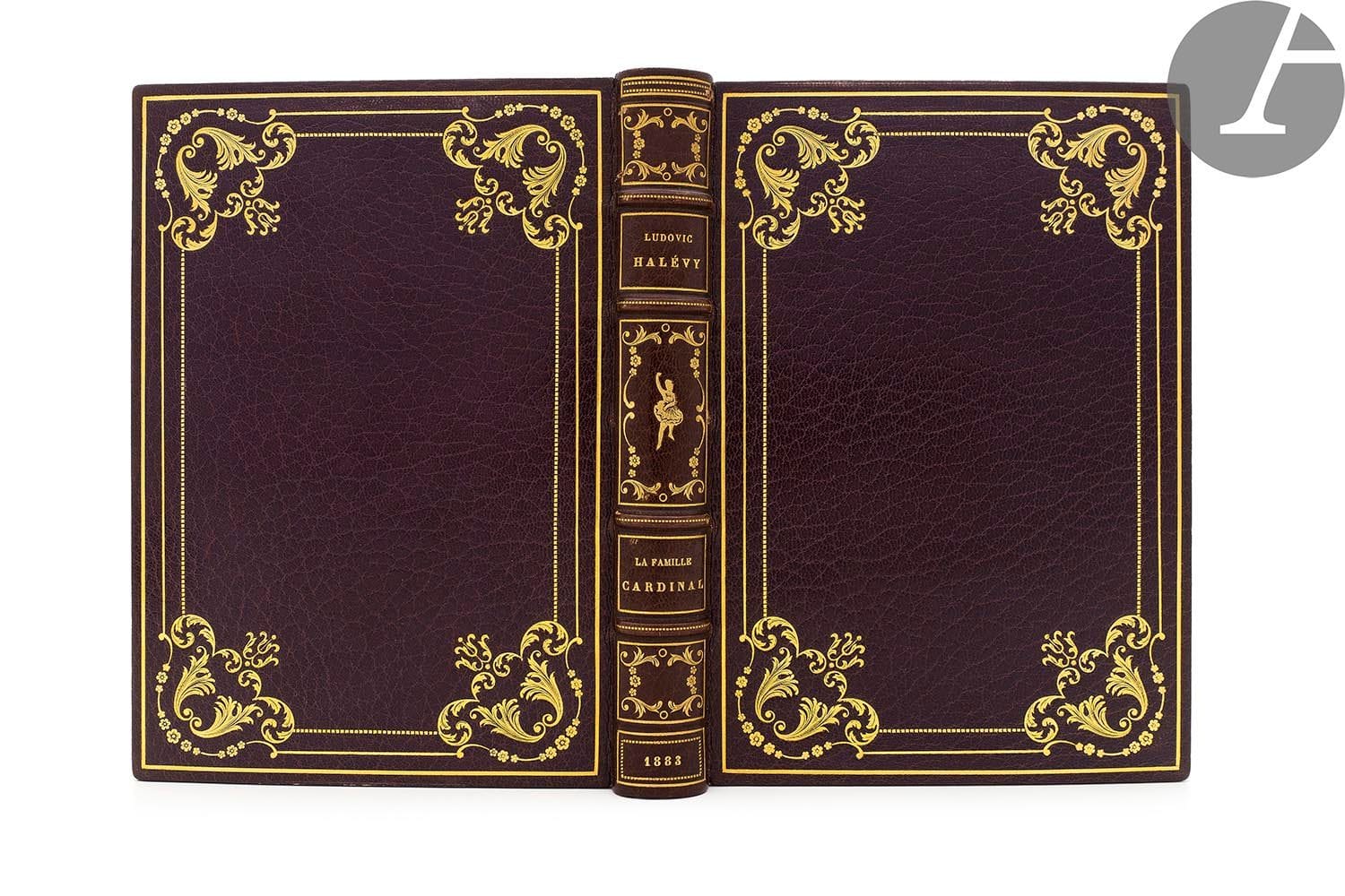 HALÉVY (Ludovic).
Madame et monsieur Cardinal. Le Rêve. Le Cheval du trompette. Le Dernier chapitre. Quand on attend ses messes. Histoire d’une robe de bal. Antoinette. Niniche. La Petite caille plucheuse. L’Insurgé. Mistingue et Lenglumé. — Les Petites Cardinal. Madame Canivet. Le Programme de M. Cardinal. Pauline Cardinal. Virginie Cardinal. Le Feu d’artifice. La Pénélope. Pendant l’émeute. Régénérés. Un budget parisien. La Boule noire. A l’Opéra.
Paris : Calmann Lévy, [1872]-1880. — 2 ouvrages en deux volumes in-18, 187 x 123 : (4 ff. premier blanc), 275 pp., (2 ff. dernier blanc), couverture imprimée ; (3 ff.), 256 pp., (1 f.), couverture imprimée. Demi-maroquin bleu à coins, filets dorés, dos à nerfs orné, tête dorée, non rogné, couverture conservée, étui (Lansgelin).

Édition originale des deux premiers volumes que Ludovic Halévy consacra à la famille Cardinal.

« On doit […] à M. Ludovic Halévy une création incomparable : celle de la famille Cardinal, où se prélasse un type de libre-penseur imbécile, de voltairien idiot, de franc-maçon ridicule, de père-noble vivant solennellement des galanteries de ses deux filles, lequel en sottise, en niaiserie, en outrecuidance bouffie, dépasse de cent coudées le Homais de Flaubert, et le Joseph Prudhomme d’Henri Monnier […] Mais les hommes expérimentés […] auront le plaisir, tout en riant, de constater à quel degré d’abrutissement et d’immoralité inconsciente peut descendre “un ennemi des Jésuites”, — c’est-à-dire un de ces être bornés qui s’alimentent quotidiennement des clichés et des lieux communs de la libre-pensée » (Polybiblion : revue bibliographique universelle, 1882, p. 296).

Madame et monsieur Cardinal est composé de 12 nouvelles. L’édition est illustrée de 12 vignettes en noir par Edmond Morin.
Un des 50 exemplaires numérotés sur papier de Hollande (n° 27), comprenant une suite des figures sur chine. Celui-ci est enrichi d’un portrait de l’auteur en 3 états, d’un portrait gravé d’Edmond Morin, de 2 aquarelles originales sur papier japon, l’une signée de H. de Sta, l’autre de Henry Somm, ainsi que d’une planche et de deux vignettes gravées par Jules-Louis Massard d’après Émile Mas.

Les Petites Cardinal comprend également 12 nouvelles ainsi que 12 vignettes par Henri Maigrot.
Un des 50 exemplaires sur papier de Hollande (n° 25), comprenant une suite sur chine des vignettes.
Exemplaire enrichi d’un portrait gravé de l ‘auteur, d’une eau-forte de Abot d’après Émile Mas tirée sur japon, ainsi que de 5 vignettes gravées par Jules-Louis Massard d’après Émile Mas, d’une L.A.S. de l’auteur adressée à Henri Maigrot, 1 page 1/2 in-16 avec enveloppe, et une autre d’Émile Aucante, de la maison Calmann Lévy, à Henri Maigrot, 1 page in-12, également avec son enveloppe.

Beaux exemplaires reliés uniformément par Lansgelin.
Dos légèrement passés.

On joint, du même auteur :
- La Famille Cardinal. Paris : Calmann Lévy, 1883. — Petit in-8, 180 x 127 : frontispice, (2 ff.), 210 pp., (1 f.), 8 planches, couverture imprimée. Maroquin violet, encadrement de filets et fleurons dorés sur les plats, dos à nerfs orné de motifs dorés et d’un fer doré représentant une danseuse au centre, dentelle dorée intérieure, tranches dorées, couverture et dos conservés, étui (P. Affolter 1911).

Édition originale de ce célèbre roman de Ludovic Halévy, mettant en scène la famille Cardinal, tirée à 250 exemplaires.

Celui-ci, non numéroté, est l’un des 200 sur papier vergé du Marais, comprenant un frontispice et 8 vignettes hors texte gravés par Émile Mas d’après Jules-Louis Massard.

Très bel exemplaire relié par Affolter, très bien conservé malgré le dos légèrement passé.
