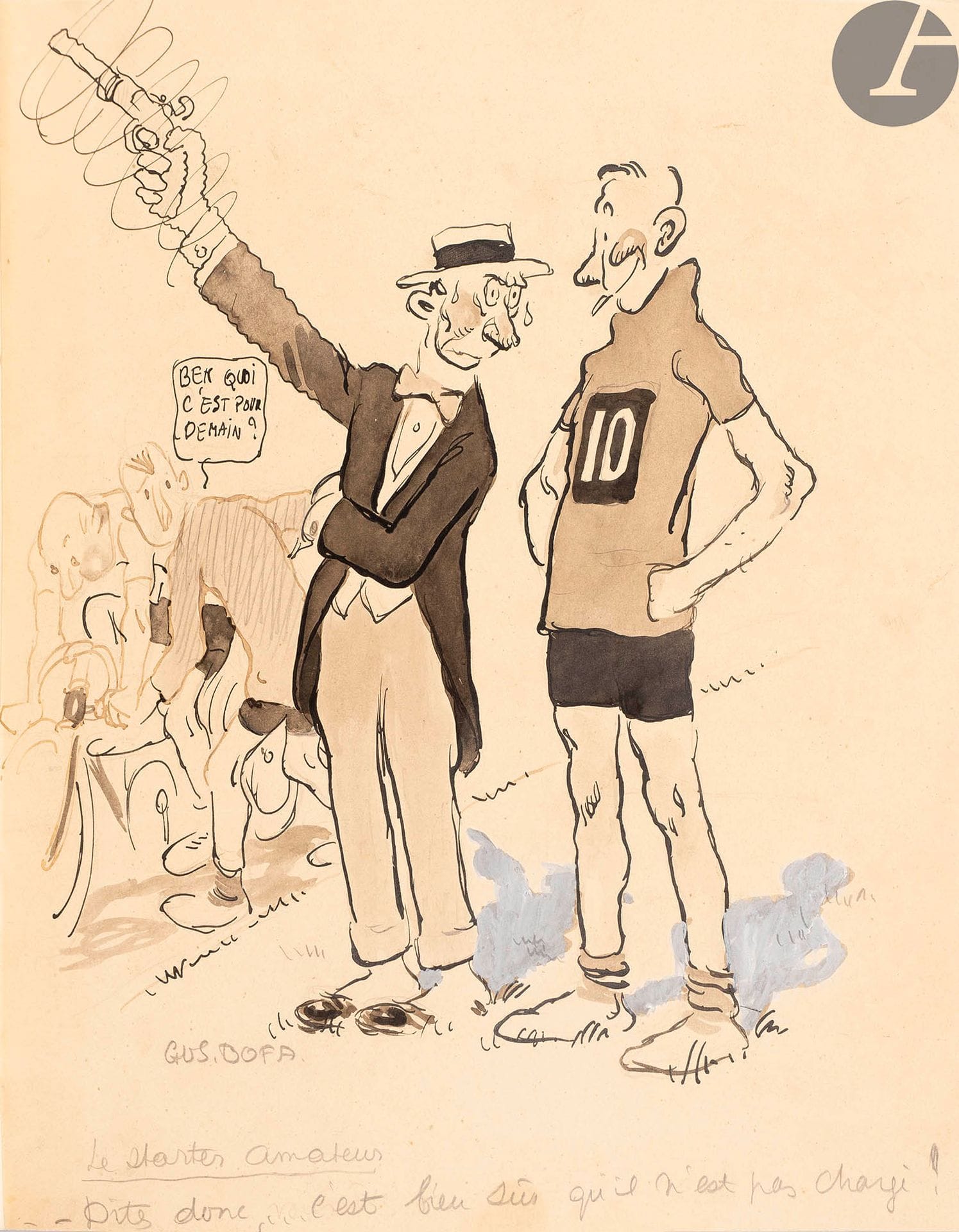 BOFA (Gus).
La Symphonie de la peur.
[Paris] : L’Artisan du livre, 1937. — In-4, 278 x 224 : frontispice, (44 ff. 2 premiers et dernier blancs), 39 planches, couverture imprimée. Demi-maroquin noir, filet à froid, dos lisse orné du titre doré en long, tête dorée, non rogné, couverture et dos conservés (Creuzevault). 

Édition originale de cet ouvrage entièrement conçu par Gus BOFA (1883-1968), illustrée de 40 planches en noir de l’artiste, dont une en frontispice. Elle a été réalisée en phototypie et tirée à 1225 exemplaires numérotés.

Selon les propos de Pierre Mac Orlan, Gus Bofa se montre dans cet ouvrage « l’observateur souvent impassible de tous les détails particuliers dont la somme constitue la grande peur collective : celle qui affola les cloches du Moyen-âge, et les klaxons les plus bouleversants des automobiles en fuite vers un but inimaginable » (Pierre Mac Orlan, Éloge de Gus Bofa, Manuel Bruker, 1949). Emmanuel Pollaud-Dulian précise de son côté que « cet album marque, pour lui, la fin d’un cycle qui lui a permis de mettre au net sa condition humaine » (Pollaud-Dulian, Gus Bofa l’enchanteur désenchanté, 2013, p. 407).

Un des 1000 exemplaires sur Lafuma-Navarre (n° 163), parfaitement relié par Creuzevault et ENRICHI D’UN GRAND DESSIN ORIGINAL SIGNÉ DE GUS BOFA, réalisé à l’encre avec rehauts de blanc, légendé au crayon : « Le starter amateur. - Dites donc, c’est bien sûr qu’il n’est pas chargé ? ».
Exemplaire parfaitement conservé.