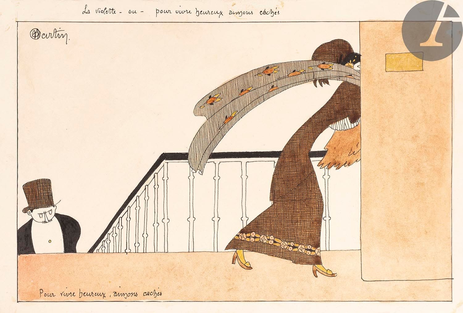 [MARTIN (Charles)].
Il était une fois.........
S.l., [années 20]. — Album in-4, 240 x 195 : (2 ff.), 4 planches. Chemise cartonnée à dos de papier doré et aux plats en papier rose glacé illustré sur le premier plat d’une composition sur fond doré, liens de soie blanche.

Album extrêmement rare dont nous n’avons trouvé aucune référence ni en vente ni dans les bibliographies spécialisées, et qui semble manquer également aux bibliothèques publiques aussi bien françaises qu’étrangères.

Il se compose d’un feuillet blanc, d’un feuillet comprenant la suite du titre figurant sur la chemise (« .... Un pauvre milliardaire neurasthénique............ »), en caractères imitant l’écriture manuscrite, ainsi que de 4 planches en noir, non signées, respectivement légendées : « Il n’avait plus d’appétit même dans les meilleurs restaurants… » - « L’aviation le laissait froid… » - « Les beautés de la Capitale, il ne les appréciait pas, étant myope… » - « Les dancings renforçaient sa neurathénie… » - « Le nu lui donnait la nausée… ». Le texte du second feuillet ainsi que les illustrations sont compris dans un cadre composé d’un filet gras rose. On trouve également une composition sur le premier plat de la chemise, figurant un avion dans le ciel.
 
Cet exemplaire ne comporte aucune mention d’éditeur, d’imprimeur et de tirage. En l’absence d’autres références nous ne pouvons confirmer ni infirmer qu’il soit complet. L’impression a été faite sur papier vergé d’Arches.
Quelques usures et manques au dos de la chemise.

On joint, illustrés par Charles Martin :
- DUVERNOIS (Henri). Nounette ou la Déesse aux cent bouches. Roman inédit. Paris : Modern-bibliothèque, Arthème Fayard, [1913]. — In-8, 238 x 170 : 107 pp., (2 ff.). Cartonnage toile verte imprimée en noir de l’éditeur.
Édition abondamment illustrée de compositions en noir dans le texte et à pleine page de Charles MARTIN.
Exemplaire enrichi en tête d’un beau dessin original signé de l’artiste, réalisé à l’encre et à l’aquarelle, légendé : « La Violette - ou - pour vivre heureux aimons cachés ». On trouve également entre les pages 52 et 53 une carte de « Troupes en campagne » sur laquelle un amateur a dessiné l’illustration de Martin se trouvant page 53 avec l’ajout du visage d’un homme fumant de profil. Cette carte est datée du 15 septembre 1915.

Décolorations sur le bord des plats.

- PAUL-MARGUERITTE (Lucie). Le Singe et son violon. Roman. Paris : Albin Michel, 1918. — In-16, 188 x 119 : 253 pp., (1 f.), couverture illustrée. Broché.
Édition originale de ce singulier roman de l’autrice Lucie Paul-Margueritte. Le titre renvoie à l’image du couple, le singe étant le mari et le violon sa fragile épouse.
Cette édition est particulièrement recherchée à cause des belles illustrations que Charles Martin a réalisées et qui ornent pratiquement chaque page. Elle comprend ainsi une composition en couleurs sur la couverture et 175 en deux tons dans le texte.
Exemplaire sur papier d’édition, enrichi d’un signet de l’imprimerie Mortier, illustrée d’une composition en couleurs de Charles Martin.
Dos cassé.

- ASTRUC (Marcel). Mon cheval, mes amis et mon amie. Paris : La Renaissance du livre, 1921. — In-8, broché, couverture rempliée.
Édition illustrée de 20 compositions à pleine page de Charles Martin, reproduites au pochoir.
Un des 500 exemplaires numérotés sur papier pur fil Lafuma (n° 458), très bien conservé malgré des salissures à la couverture.