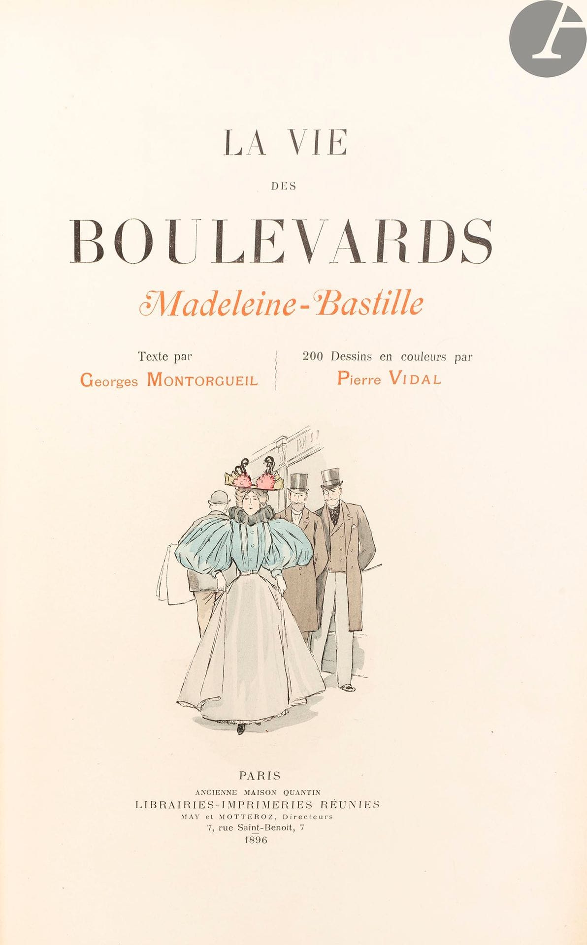 MONTORGUEIL (Georges) - VIDAL (Pierre).
La Vie à Montmartre.
Paris : G. Boudet, Ch. Tallandier, [1899]. — In-4, 281 x 195 : frontispice, (2 ff.), IV, 293 pp., couverture illustrée. Demi-maroquin havane, double filet doré, dos lisse orné en long d’un joli décor allégorique doré et mosaïqué, tête dorée, non rogné, couverture et dos conservés d’un seul tenant (Pierson).

Édition originale tirée à 750 exemplaires, de cet ouvrage recherché tant pour son aspect documentaire qu’artistique sur Montmarte à la fin du XIXe siècle.
Montorgueil y aborde toutes les facettes de ce lieu, en abordant tour à tour les thèmes suivants : Le vieux Montmartre. - Montmartre bâtit Montmartre. - La Montmartroise. - Montmartre politique. - Le Sacré-Cœur. - Pélerins et fidèles. - Les artistes. - Les cabarets pittoresques. - La chanson montmartroise. - Les forains de la butte. - Théâtres et tréteaux. - Les Moulins. - La Danse à Montmartre. - La veilleuse de nuit. - Les reposoirs galants.
L’édition est illustrée de 150 lithographies de Pierre Vidal, dont une en couleurs couvrant les plats et le dos de la couverture, représentant la célèbre « vachalcade », un frontispice en couleurs, 15 faux titres en couleurs et 133 vignettes en noir dans le texte.

UN DES 25 PREMIERS EXEMPLAIRES SUR JAPON IMPÉRIAL (n° 3), enrichis d’une suite de toutes les lithographies en noir sur chine.

Très bel exemplaire en reliure de Pierson.
Dos légèrement passé. Rousseurs éparses sur les tranches et à la suite sur chine.

On joint, du même auteur :
- La Vie des Boulevards. Madeleine-Bastille… Paris : Ancienne maison Quantin, Librairies-imprimeries réunies, 1896. — In-4, 276 x 188 : (2 ff.), XI, 258 pp., (3 ff. dernier blanc), couverture illustrée. Demi-maroquin bleu à coins, dos lisse orné, tête dorée, non rogné, couverture et dos conservés (Kauffmann).
Édition originale de l’un des livres les plus intéressants sur la vie parisienne à la fin du XIXe siècle, illustrée de 200 compositions en couleurs dans le texte de Pierre Vidal.
Un des 700 exemplaires numérotés sur papier vélin (n° 47), très bien relié par Kauffmann.
Dos très légèrement passé, minimes frottements d’usage.