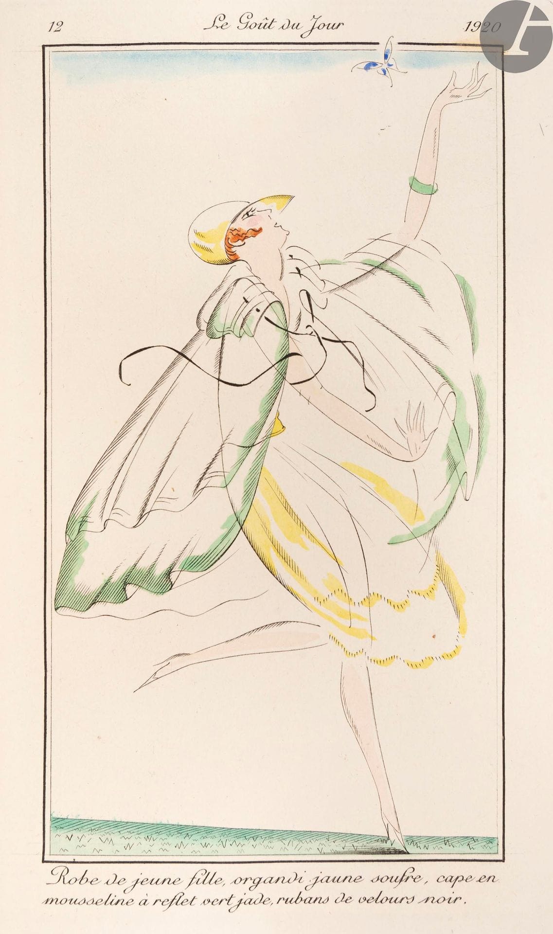 [MODE].
Le Goût du Jour.
Paris : François Bernouard, décembre 1918-20 décembre 1920. — 14 fascicules dont 1 in-4 broché et 13 en un volume in-8, 220 x 150. Parchemin rigide à la bradel, dos lisse, tête dorée, non rogné, couvertures conservées (reliure du temps).

Collection complète des 14 numéros qui constituent les deux séries de cette très belle revue de mode bimensuelle publiée par les soins de François Bernouard entre décembre 1918 et le 20 décembre 1920.

Le premier numéro publié en décembre 1918 forme à lui seul la première série. Il est illustré de compositions en couleurs de DRÉSA, mademoiselle KORWIN-SWIECKA, Georges BONFILS, Louis SÜE, Jean-Émile LABOUREUR et GARCIA BENITO, et comporte des textes d’André Salmon, Danielle, Paul Drouot, Francis de Miomandre, Boulestin, etc. Les 13 numéros qui constituent la seconde série, sont illustrés de 40 planches en couleurs de ou d’après Jean-Émile LABOUREUR, Pierre BRISSAUD, Robert BONFILS, MARTY, GARCIA BENITO, Gerda WEGENER, DRIAN, Hélène PERDRIAT, etc. représentant des costumes, des coiffures ou des objets de mode.

Exemplaire unique, dont les 13 numéros de la seconde série font partie des 1400 sur vergé d’Arches (n° 216), contenant au total 48 planches différentes, soit le frontispice intitulé « Aujourd’hui regardez Le Gout du jour », les 40 gravures de la publication, les gravures 41, 42 et 43 datées de 1921 et destinées au 14e fascicule qui n’a jamais vu le jour, et 4 gravures en noir non numérotées d’après notamment Hélène Perdriat et J. Flandrin.

Chaque planche est ici en 1 à 5 états. Au total l’exemplaire comprend ainsi 139 épreuves. Seule la première des 4 planches non numérotées est en un seul état, ici sur chine, 16 sont en deux états, 19 en 3 états, 11 en 4 états et une en 5 états. Parmis ces 139 épreuves, 33 sont sur chine.

L’exemplaire possède également le titre général intitulé : Le Goût du Jour. Paraissant 24 fois l’an. Première année 1920-1921, avec le feuillet de justification en regard, ainsi que les deux feuillets de souscription et toutes les couvertures qui sont ici au nombre de 14. On trouve effectivement deux couvertures pour le premier fascicule de la seconde série, l’une datée du 5 mai 1920 et l’autre du 20 juin. La première semble être un exemplaire d’épreuve, le second feuillet, comprenant le tirage, porte des corrections à l’encre. 
Le premier fascicule de 1918 est enrichi de deux prospectus publicitaires différents concernant cette publication.

Bon exemplaire en reliure légèrement postérieure.
Quelques rousseurs éparses et quelques transferts des gravures.

On joint, dans une chemise cartonnée à part :
- un ensemble disparate de feuillets et d’illustrations provenant de la revue Feuillets d’art publiée par Bernouard. Outre plusieurs feuillets de texte, on y trouve plusieurs dizaines de planches de VAN DONGEN, DARAGNÈS, ROBERT BONFILS (numérotée sur japon), ROMME (numérotée sur vergé de Hollande), André DOMIN (numérotée sur vergé), Georges LEPAPE (« Le Miroir rouge » numérotée 78/1000 sur japon), MARTIN (dont une numérotée sur japon), BRUNELLESCHI, BENITO, Mario SIMON, LABOUREUR, George BARBIER (numérotée 660/1200, sur vergé), etc.

- 13 rares numéros de la revue Panurge publiée par Bernouard « À la Belle édition », comprenant les numéros 2 à 8, soit les seuls publiés de cette série, le numéro un n’existant apparemment pas, parus entre le 15 avril et le 1er août 1912 (les numéros 2 et 3 faisant partie des 26 exemplaires sur japon), ainsi que les numéros 42 (le premier de la nouvelle série), 3, 4, 5, 6 et 8 (le dernier paru) publiés entre novembre 1912 et le 6 janvier 1913. Les illustrateurs qui collaborèrent à ce journal sont parmi les plus importants de l’époque, comme Luc-Albert MOREAU, Georges LEPAPE, Louis SÜE, DUNOYER DE SEGONZAC, Jean-Louis BOUSSINGAULT, STEINLEN, Louis JOU, etc.
Il ne manque ici que les numéros 2 et 7 de la nouvelle série qui parut sous le titre Panurge ou la chronique amusante. Le numéro « 42 » présent sur le premier fascicule de cette série et les mentions « 27e » et « 28e année » sont faux.