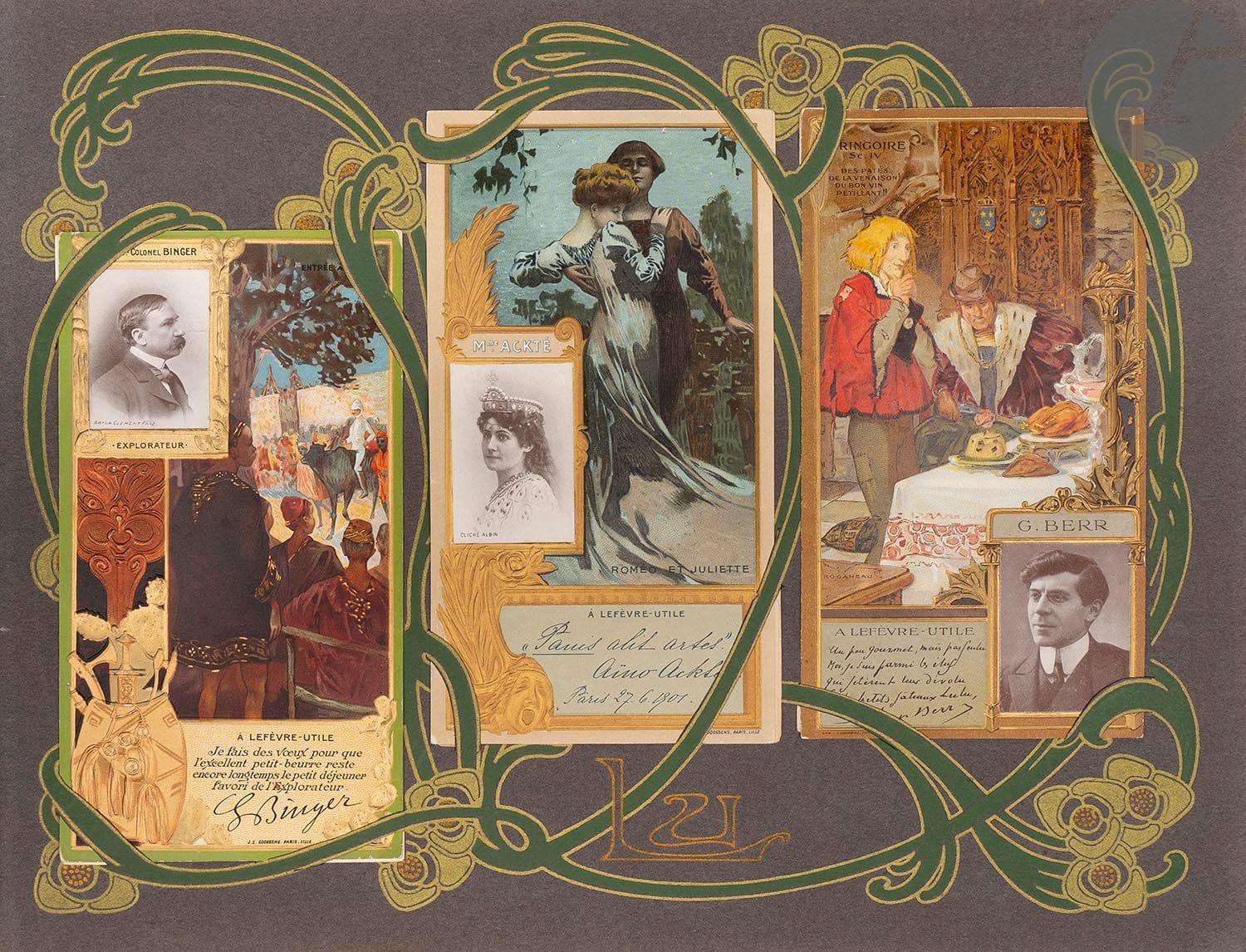 [PUBLICITÉ] - LEFÈVRE-UTILE.
Album des célébrités contemporaines.
Nantes : Lefèvre-Utile, vers 1910. — 2 albums in-4 oblong. Reliure à dos de toile havane, plats cartonnés ornés d’un décor gaufré de style art nouveau, titre en lettres argentées sur le premier plat.

Très beaux et célèbres albums comprenant les 90 « cartes autographes » chromolithographiées et gaufrées, publiés par la biscuiterie LU, représentant les célébrités contemporaines du monde littéraire, artistique et théâtral. 
Ces images furent publiées par Lefèvre-Utile à partir de 1901, on pouvait les trouver alors dans les boîtes à biscuits de la marque et ainsi les collectionner et les placer dans des albums tels que ceux-ci. Ces cartes comprennent une photographie de la personnalité, une illustration en rapport avec son activité et un texte autographe vantant les mérites de la société.

Ont été ajoutées à ces albums, 16 cartes chromolithographiées consacrées aux pionniers de l’aviation et à leurs exploits, ainsi que 6 cartes postales.

Exemplaires très bien conservés, absolument complets de tout ce qu’ils pouvaient contenir, condition des plus rares.
Traces de mouillures sans gravité sur le bord d’une des reliures.