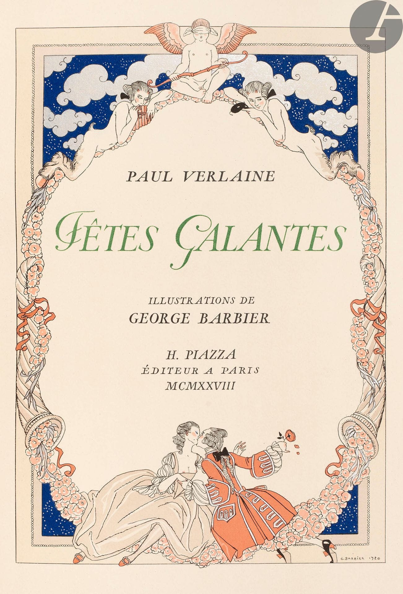 BARBIER (George) - VERLAINE (Paul).
Fêtes galantes.
Paris : H. Piazza, 1928. — In-4, 300 x 225 : titre, (4 ff. 3 premiers blancs), 100 pp., (2 ff.), 20 planches, couverture illustrée. Maroquin havane, listels ondulés de maroquin bleu foncé, bleu clair et vert pâle sur le bas du premier plat, symbolisant de l’eau, desquels jaillissent des filets dorés droits et courbes figurant un feu d’artifice faits également de filets rouges, verts et blancs décorés d’étoiles dorées, pièce de maroquin orange aux bords lobés au centre du feu supérieur, dos lisse, doublures de box havane orné de deux filets dorés en encadrement, gardes de daim havane, doubles gardes, tête dorée, non rogné, couverture et dos conservés, chemise à dos et bandes à rabats de maroquin havane, étui (Denise Duclos-Galy).

Édition illustrée en premier tirage de 23 très belles compositions en couleurs de George BARBIER (1882-1932), gravées sur bois, dont 2 sur la couverture, une sur le titre et 20 hors texte.
Tirage à 1200 exemplaires ; celui-ci est l’un des 800 numérotés sur vélin pur fil de Rives (n° 555).
Très belle reliure mosaïquée et doublée, signée de Denise Duclos-Galy.