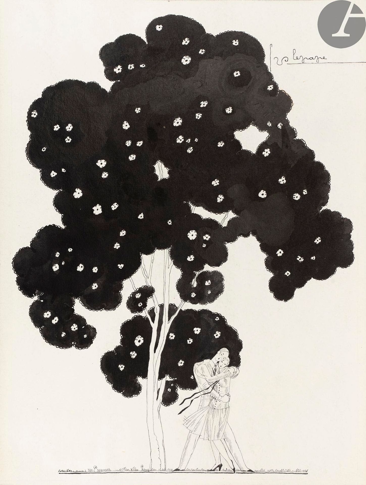 TRÉMOIS (Edge) - LEPAPE (Georges).
Au grand jardin.
Paris : Librairie Lutetia, A. Ciavarri, [1922]. — In-4, 300 x 255 : (2 ff.), 47 pp., (2 ff. dernier blanc), couverture imprimée. Broché, couverture rempliée.

Édition originale tirée à 225 exemplaires sur vélin d’Arches, de ce recueil de poèmes du romancier et poète Edge Trémois (1885-1963). Elle est illustrée de 6 belles compositions en noir à pleine page sur fond de couleur, de Georges LEPAPE (1887-1971).

Un des 25 exemplaires hors commerce (ex. J), justifié et paraphé par l’éditeur, comprenant une suite en noir des illustrations.

Il s’agit de l’exemplaire de Georges Lepape, dont on retrouve le cachet rouge sur la première garde blanche. Il a été enrichi d’un grand et beau dessin signé de l’artiste, réalisé à l’encre et représentant un couple enlacé au pied d’un grand arbre.

Exemplaire très bien conservé.