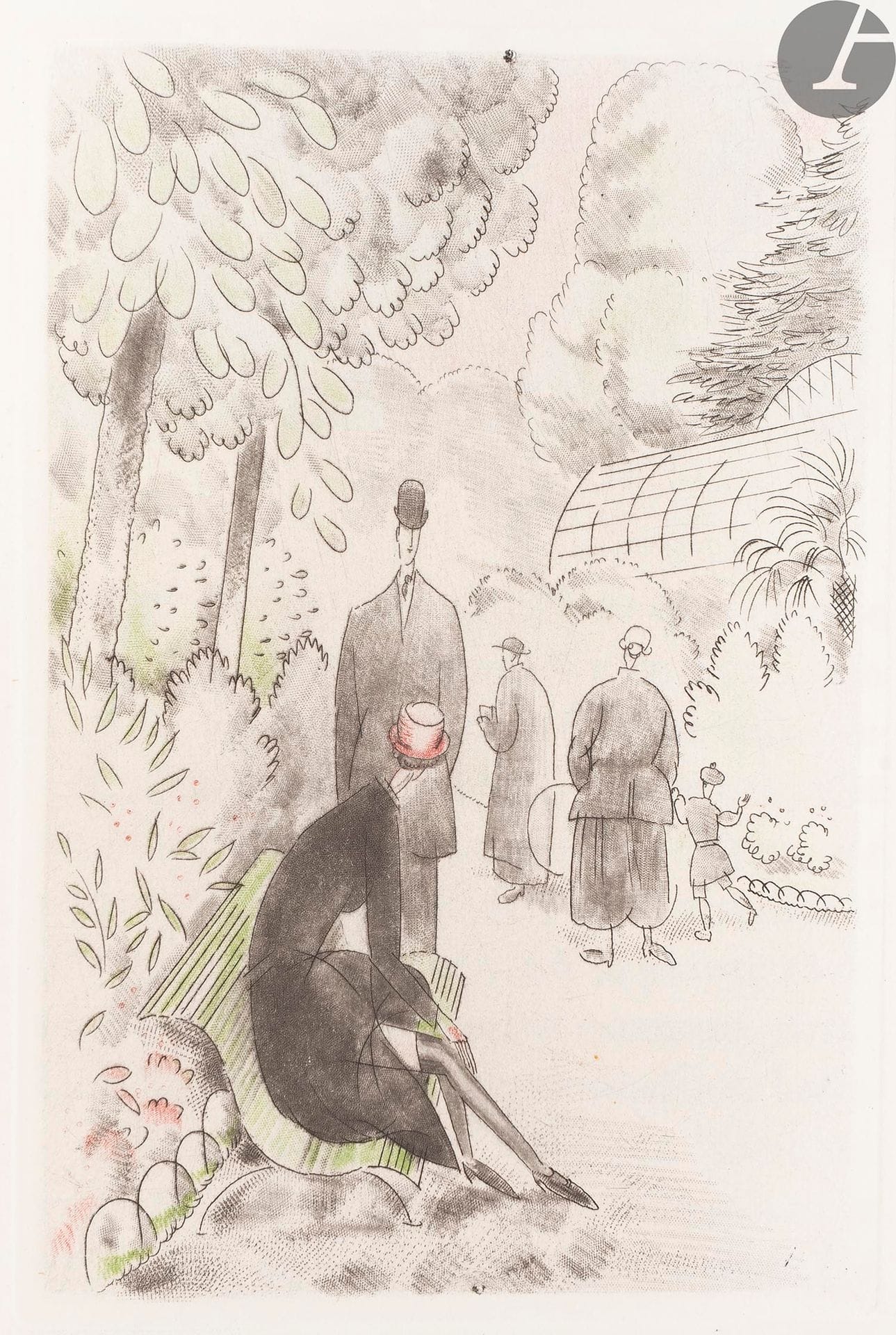GOURMONT (Remy de) - LABOUREUR (Jean-Émile).
Couleurs. Contes.
Paris : Camille Bloch, 1929. — In-8, 233 x 152 : 225 pp., (3 ff.), couverture imprimée. Maroquin vert, plats et dos couverts d’un décor en continu faits de filets obliques noirs, dorés et mosaïqués s’entrecroisant, dos lisse, encadrement de même maroquin à l’intérieur, bordé d’un filet doré et d’un listel de maroquin vert foncé, doublures et gardes de soie moirée verte, doubles gardes de papier marbré, tranches dorées sur marbrures, couverture et dos conservés, chemise à recouvrement à dos de maroquin vert , étui (G. Cretté succ. de Marius Michel).

Sylvain Laboureur, Catalogue complet de l’œuvre de Jean-Émile Laboureur, II, pp. 95 à 101, n° 336 (ne décrit que 34 gravures).
Belle édition de ce recueil de nouvelles de Remy de Gourmont, tirée à 335 exemplaires. Elle est illustrée de 36 compositions originales dessinées et gravées sur cuivre par Jean-Émile LABOUREUR (1877-1943), dont 23 en noir (une vignette sur le titre, 13 en-têtes et 9 culs-de-lampe) et 13 figures à pleine page en couleurs au repérage.
Un des 285 exemplaires sur vélin blanc de Rives (n° 79), celui-ci enrichi d’une suite des illustrations sur le même papier, et de la brochure de souscription.
Très belle reliure originale de Georges Cretté.

Dos de la chemise et de la reliure passés.
Provenance : ex-libris R.D.T.