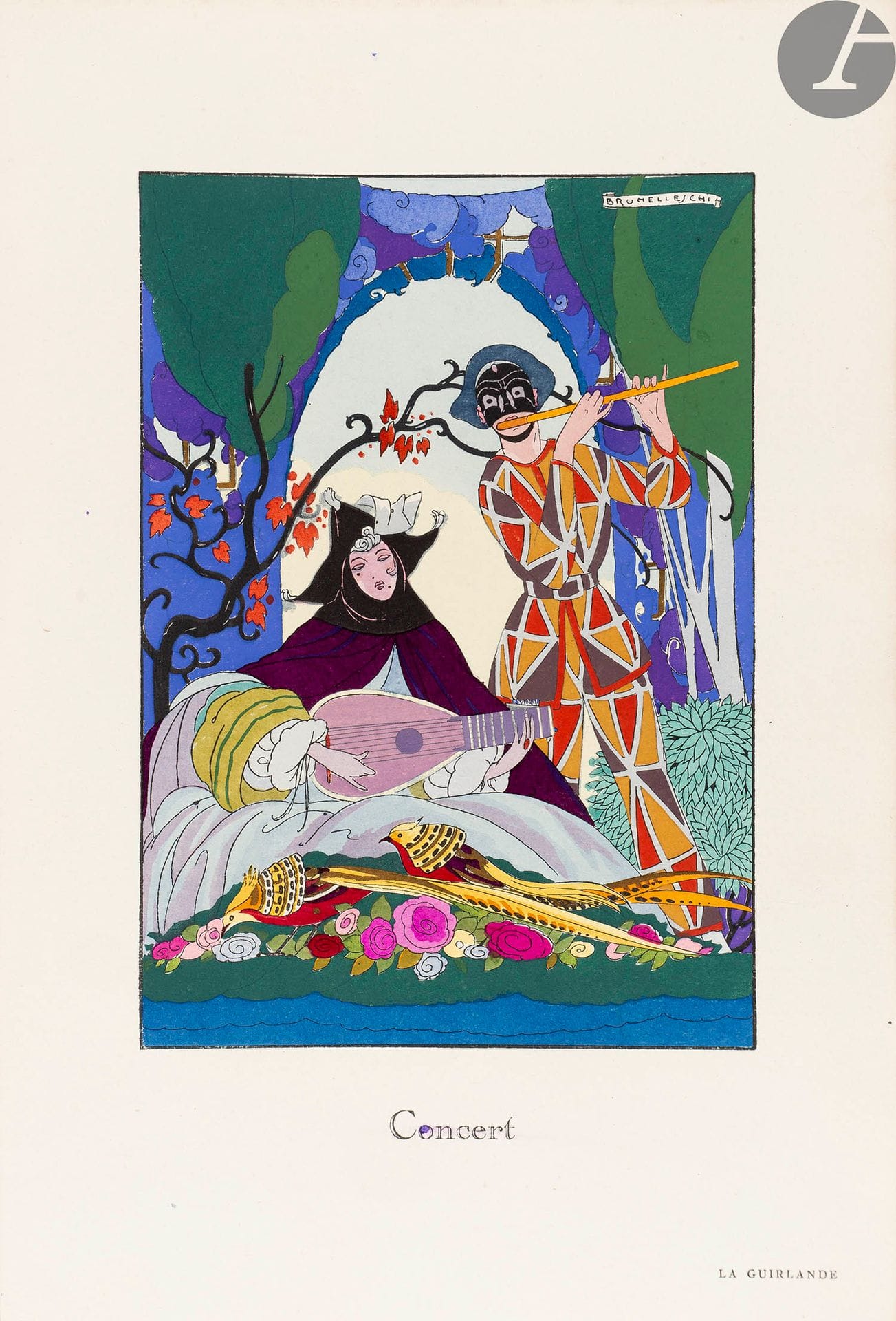 BRUNELLESCHI (Umberto).
La Guirlande. Album mensuel d’Art et de Littérature.
Paris : François Bernouard, octobre 1919-août 1920. — 11 fascicules petit in-4, en feuilles, sous deux chemises à dos de toile bleue et un étui modernes.

Colas, 1362.

Collection complète de cette belle revue dirigée par Umberto BRUNELLESCHI et Jean Hermanovits, imprimée par le typographe François Bernouard.

Elle comprend 11 fascicules tirés à 800 exemplaires ainsi composés et illustrés :
- 1er fascicule - Octobre 1919 : 16 feuillets (textes d’Abel Hermant, Alfred Capus, la baronne A. de Brimont, Clément Vautel, Jean Hermanovits et André de Fouquières, illustrés de compositions en couleurs de Brunelleschi, Dubaut, Joseph Hémard, Gerda-Wegener et E. Blanche) et 2 hors-textes (lithographie inédite d’Abel Faivre, et Le Perroquet jaloux par George Barbier). Ne comprend pas les 10 feuilles de réclames et critiques littéraires. 

- 2e fascicule - Novembre 1919 : 24 feuillets (texte d’Abel Hermant, Paul Bourget, Anna de Noailles, André Brulé, Rip, André de Fouquières, Juliette Lancret et Paméla, illustrés de compositions en couleurs dans le texte de Brunelleschi, Garcia-Benito, George Barbier, Joseph Hémard et Mahias) et 6 hors-textes (Un soir à Venise de Brunelleschi, La Leçon bien apprise de George Barbier, Monsieur André Brulé par Brunelleschi, Dogaresse de George Barbier, Pompadour Robe de Petit-Dîner par Brunelleschi et Habillé par Barclay par Taquoy). Sans les 5 feuillets de réclames. Exemplaire enrichi d’une très belle planche gravée de Brunelleschi, coloriée au pochoir.

- 3e fascicule - décembre 1919 : 20 feuillets (textes d’Abel Hermant, Paul Bourget, Henri de Régnier, André Brulé, Jean Hermanovits, André de Fouquières et de Juliette Lancret, illustrés de compositions en couleurs dans le texte de Brunelleschi, Garcia-Benito, George Barbier et Guy Arnoux), 4 hors-textes (L’Arlequin curieux de Brunelleschi, Les Agnelets de Jean Ray, Barclay Nice et Barclay Paris par Maurice Taquoi) et une très belle planche gravée de Brunelleschi, coloriée au pochoir. Sans les 4 feuillets de réclames.

- 4e fascicule - 1920 : 20 feuillets (textes d’Abel Hermant, Henri de Régnier, René Boylesve, Jean Hermanovits, G. de La Fouchardière, André de Fouquières, Juliette Lancret, illustrés de compositions en couleurs dans le texte de Brunelleschi, George Barbier, Garcia-Benito, Jean Dulac et Guy Arnoux), et 8 hors-textes (Le Baiser sur l’échelle de Brunelleschi, L’Eau de George Barbier, Le Soir de M. Stab, Vêtement de Sports de Barclay par Taquoy, Habillé par Barclay, Robe du soir de la maison Jenny par Brunelleschi, Robe du soir de chez Marie-Louise Barclay par Brunelleschi, L’Heure du bain par Vallée). Sans les 4 feuillets de réclames.

- 5e fascicule - 1920 : 22 feuillets (textes d’Abel Hermant, Henri de Régnier, René Boylesve, Jean Hermanovits, André de Fouquières, Madame de Mirecour, illustrés de compositions en couleurs dans le texte de Brunelleschi, George Barbier, Stab et Bonnotte), et 8 hors-textes (La Lettre attendue de Monsieur Zinoview, Flirt de Geischa d’Emmanuel Blanche, Les Colombes familières de George Barbier, Roi Soleil par Blanche, Charmante par Robert Polack, De l’été à l’automne par Bonnotte, Malmaison par Bonnotte et Sirène par Bonnotte). Sans les 6 feuillets de réclames. Exemplaire enrichi d’une très belle planche gravée de Brunelleschi, coloriée au pochoir.

- 6e fascicule - 1920 : 22 feuillets (textes d’Abel Hermant, René Boylesve, Paul Fort, Clément Vautel, Francis de Miomandre, André de Fouquières, illustrés de compositions dans le texte de Brunelleschi, George Barbier, Stab, Mahias et Bonnotte), et 5 hors-textes (Concert de Brunelleschi, Jolie Cueillette de Gerda Vegener, dessin d’Hermann-Paul, Pour rêver un peu par Zinoview, et Au fumoir par Bonnotte). Sans les 4 feuillets de réclames.

- 7e fascicule - 1920 : 30 feuillets (textes de Lucie Delarue-Mardrus, René Boylesve, Jean Hermanovits, Abel Hermant, Miguel Zamacoïs, André de Fouquières, Madame de Mirecourt, illustrés de compositions en couleurs dans le texte de Jean Ray, George Barbier, Brunelleschi, Stab, Zinoview et Lucienne Martin), et 8 hors-textes (La Femme à l’éventail de Brunelleschi, Étude de femme de J.G. Domergue, Un peu de musique dans un parc de Cadogan, La neige au Japon d’E. Blanche, Romanesque de Brunelleschi, Voici l’hiver de Bonnotte, Création de Melnotte-Simonin de mademoiselle A. Rome, et Grand siècle par Stab). Sans les 8 feuillets de réclames. Exemplaire enrichi d’une très belle planche gravée de Brunelleschi, coloriée au pochoir.

- 8e fascicule - 1920 : 24 feuillets (textes d’Abel Hermant, René Boylesve, Jean Hermanovits, Francis de Miomandre, Paul Fort, Madame de Mirecourt, illustrés de compositions en couleurs dans le texte de Brunelleschi, George Barbier, Stab et Lucienne Martin), et 6 hors-textes (Étude de Femme de Domergue, Au beau temps des Tuileries de Cadogan, Dobbs d’E. B