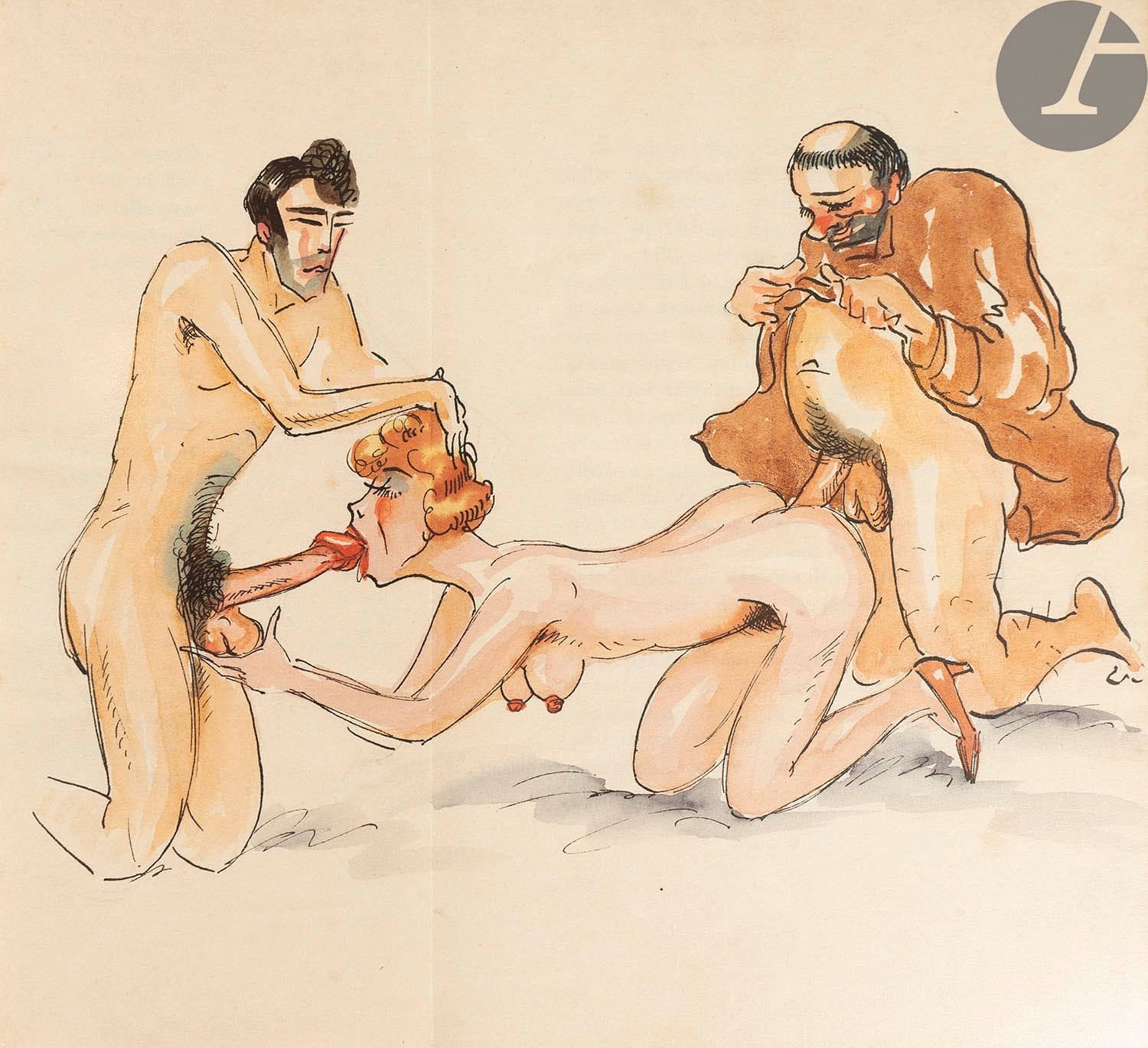 [CURIOSA] - HARAUCOURT (Edmond).
La Légende des sexes. Poèmes Hystériques. 1882.
Jouxte la copie imprimée à Bruxelles pour l’auteur, à Paris : Au clos Bruneau, 1921. — In-8, 255 x 165 : frontispice, (1 f. blanc), 124 pp., (1 f.), couverture imprimée. Broché, couverture rempliée.

Dutel 1839*.
Belle édition tirée à 303 exemplaires, illustrée d’un frontispice libre d’après une gravure de Félicien ROPS. Un des 300 sur vergé d’Arches (n° 41).
EXEMPLAIRE UNIQUE, enrichi de 25 aquarelles originales en couleurs de l’époque, non signées, de très belles factures, figurant dans les marges ou à pleine page et représentant des sujets humoristiques et souvent érotiques.
L’exemplaire est également enrichi d’un portrait original de Haraucourt à l’encre de Chine, daté de 1930 et signé du dessinateur et caricaturiste Georges Villa (1883-1965), l’une des figures de Montmartre du temps des années folles, ainsi que d’un portrait gravé à l’eau-forte de l’auteur par F. Desmoulin, sur papier japon, et d’une suite de 6 des 13 figures libres d’André Collot pour l’édition de 1935 de Séduction, tirée en noir sur vélin d’Arches avec remarques.
Exemplaire très bien conservé, malgré quelques salissures à la couverture. On joint parfois à cette édition 12 eaux-fortes libres de Martin Van Maele, qui ne figurent pas ici.