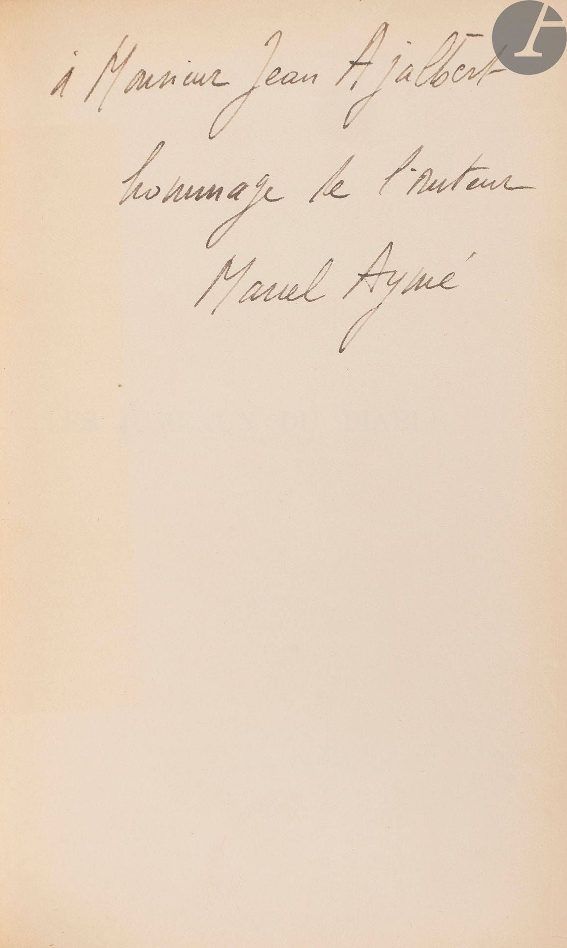 AYMÉ (Marcel).
[Œuvres].
16 volumes in-8 or in-12, half morocco or havana chagrin with corners, spine gilt, cover and spine preserved (R. Blaizot and Ateliers Laurenchet).

Set of 16 titles by Marcel Aymé bound uniformly but at different periods, by Robert Blaizot and the Laurenchet workshops.

Includes :
- Aller retour. Paris : Nouvelle Revue Française, [1927].
First edition. One of 895 copies on vellum pur fil Lafuma-Navarre, this one being one of the 850 destined for the Friends of the original edition (n° 855), enriched with a beautiful letter from the author to Jean Ajalbert.

- Les Jumeaux du diable. Paris: Nouvelle Revue Française, [1928].
First edition. One of 746 copies on vellum pur fil Lafuma-Navarre, this one being one of the 700 destined for the Friends of the original edition (n° 726), enriched with a letter from the author to Jean Ajalbert.

- La Table-aux-crevés. Paris: Nouvelle Revue Française, [1929].
First edition. One of 647 copies on vellum pur fil Lafuma-Navarre, this one being one of the 600 destined for the Friends of the original edition (n° 258). Light staining on the edges of the first few leaves.

- La Rue sans nom. Paris: Nouvelle Revue Française, [1930].
First edition. One of 647 copies on vellum pur fil Lafuma-Navarre, this one being one of the 600 destined for the Friends of the original edition (n° 553).

- Le Vaurien. Paris: Nouvelle Revue Française, [1931].
First edition. One of 647 copies on vellum pur fil Lafuma-Navarre, this one being one of the 600 destined for the Friends of the original edition (n° 524). Smudging on the edge of the first endpapers.

- Le Puits aux images. Paris: Librairie Gallimard, [1932].
First edition. One of 207 copies on vellum pur fil Lafuma-Navarre (no. 142).

- Le Nain. Paris: Gallimard, [1934].
First edition. One of 170 copies on alfa Navarre (no. 155).

- Maison basse. Novel. Paris: Gallimard, [1935].
First edition. One of 130 copies on alfa Navarre (n° 88). Attached is a thank-you card from the author's family, following his funeral, addressed to Jacques Crépineau in 1967

- Le Moulin de la sourdine. A novel. Paris : Gallimard, [1936].
First edition. One of 130 copies on esparto from the Navarre paper mills (n° 89). Slight foxing to the first few leaves.

- Gustalin. Novel. Paris : Gallimard, [1937].
First edition. One of 130 copies on esparto from the Lafuma Navarre paper mills (n° 74).

- Derrière chez Martin. Paris: Gallimard, [1938].
First edition. One of 70 copies on esparto from Papeteries Lafuma-Navarre (no. 32).

- Le Bœuf clandestin. Novel. Paris : Gallimard, [1939]
First edition. One of the 80 copies on esparto of the Lafuma-Navarre paper mills (n° 44). Letter from the author to Pierre Paturel. Some scattered foxing.

- Le Chemin des écoliers. Novel. Paris : Gallimard, [1946].
First edition. One of 105 copies on vellum pur fil Lafuma-Navarre (n° CIX). Correspondence from the author to the Belgian screenwriter Charles Spaak. Light staining on the edge of the endpapers, the first cover and the first few leaves.

- Le Vin de Paris. Nouvelles. Paris: Gallimard, [1947].
First edition of this collection of short stories including the famous Traversée de Paris. One of 110 copies on vellum pur fil Lafuma Navarre (No. 23).

- Uranus. Paris : Gallimard, [1948].
First edition. One of 110 copies on vélin pur fil Navarre (n° XXXVIII). Attached is a reproduction of the poster of the film Uranus by Claude Berry, taken from a magazine. Tear without missing restored to the last leaf.

- In barrier. Nouvelles. Paris : Gallimard, [1950].
Partly first edition. One of 260 copies on Papeteries Navarre vellum (n° LXII).

Beautiful set. Some spines slightly faded.

Attached, by the same author :
- Les Tiroirs de l'inconnu. Novel. Paris : Gallimard, [1960]. - In-8, havana half-maroquin with corners, gilt filets, spine decorated, gilt head, cover and spine kept (G. Gauché).
First edition. One of 255 copies on Lafuma-Navarre vellum.
Provenance: Jean and Christian Langlois, architects, with bookplate.



























































