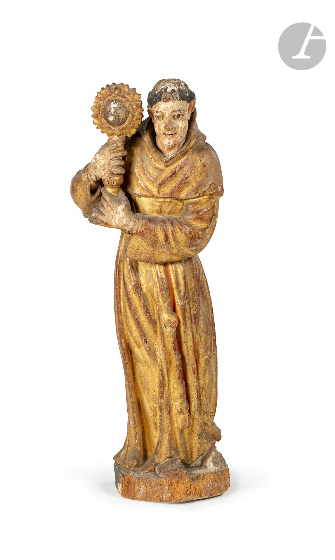 Italie XVIIe siècle
Saint Bernardin de Sienne.
Sculpture en ronde bosse en bois polychromé et doré.
H : 94 cm
(Accidents et manques).
