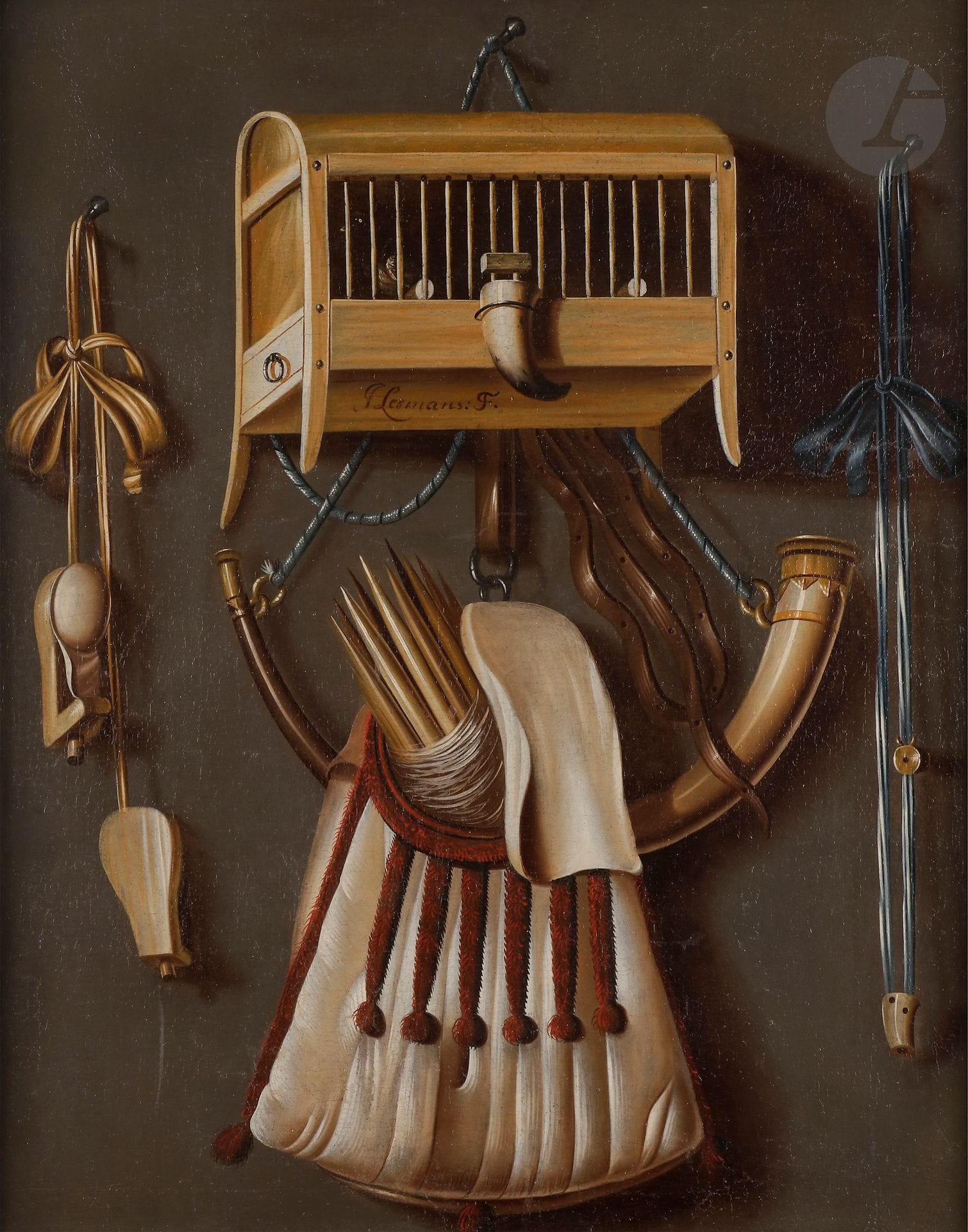 Johannes LEEMANS (La Haye 1633 - 1688)
Corne et cage d’oiseau en trompe-l’œil
Toile
Signée au centre en haut JLeemans
76 x 61 cm
Au dos du châssis une étiquette 67