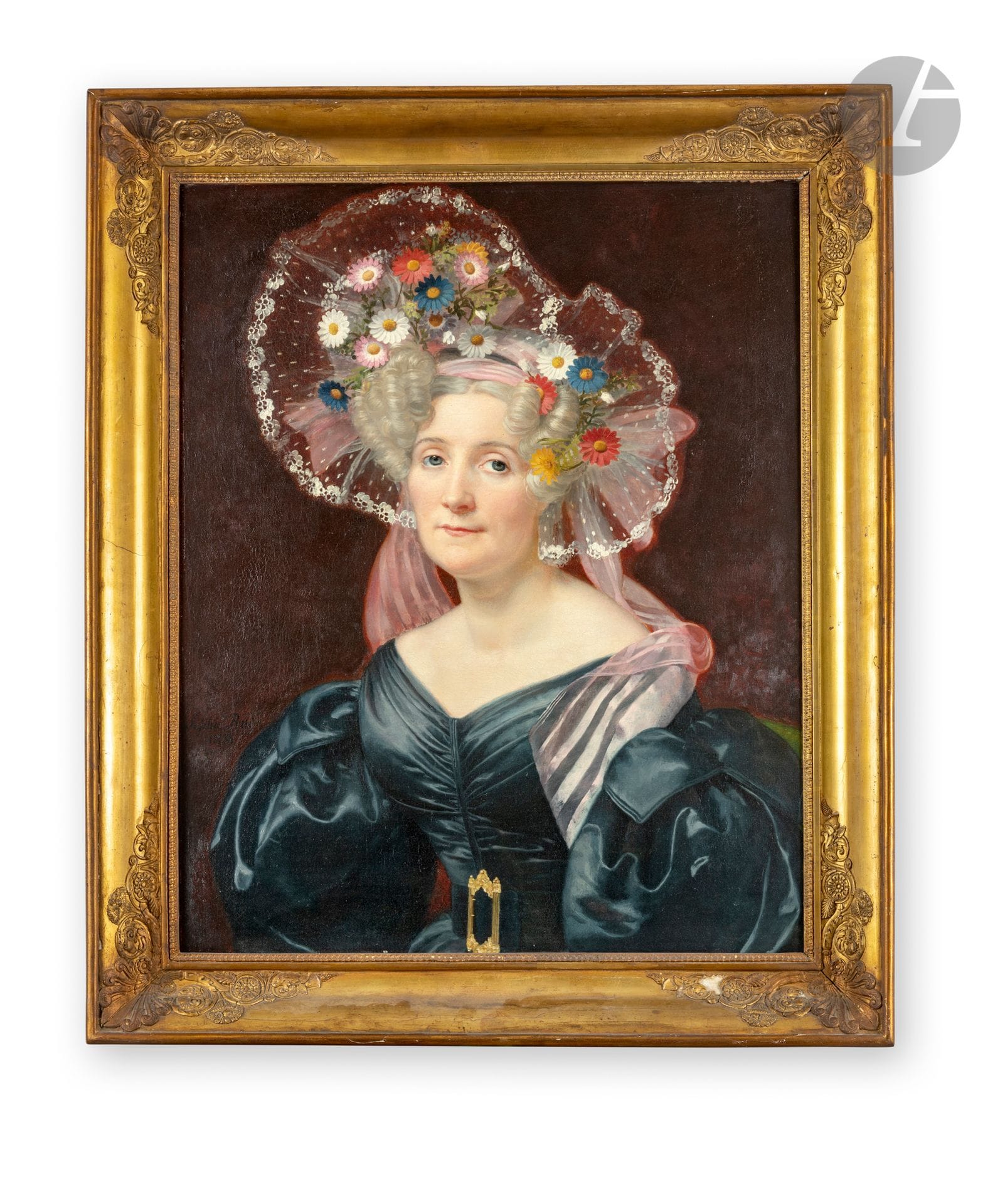Sophie RUDE (Dijon 1797 - Paris 1867)
Portrait de femme à la coiffe de fleurs
Toile d’origine
Signée et datée à gauche Sophie Rude / 1831
73 x 60 cm
 Exposition :
Probablement Salon de 1831, n° 1865 (Portraits, même numéro).