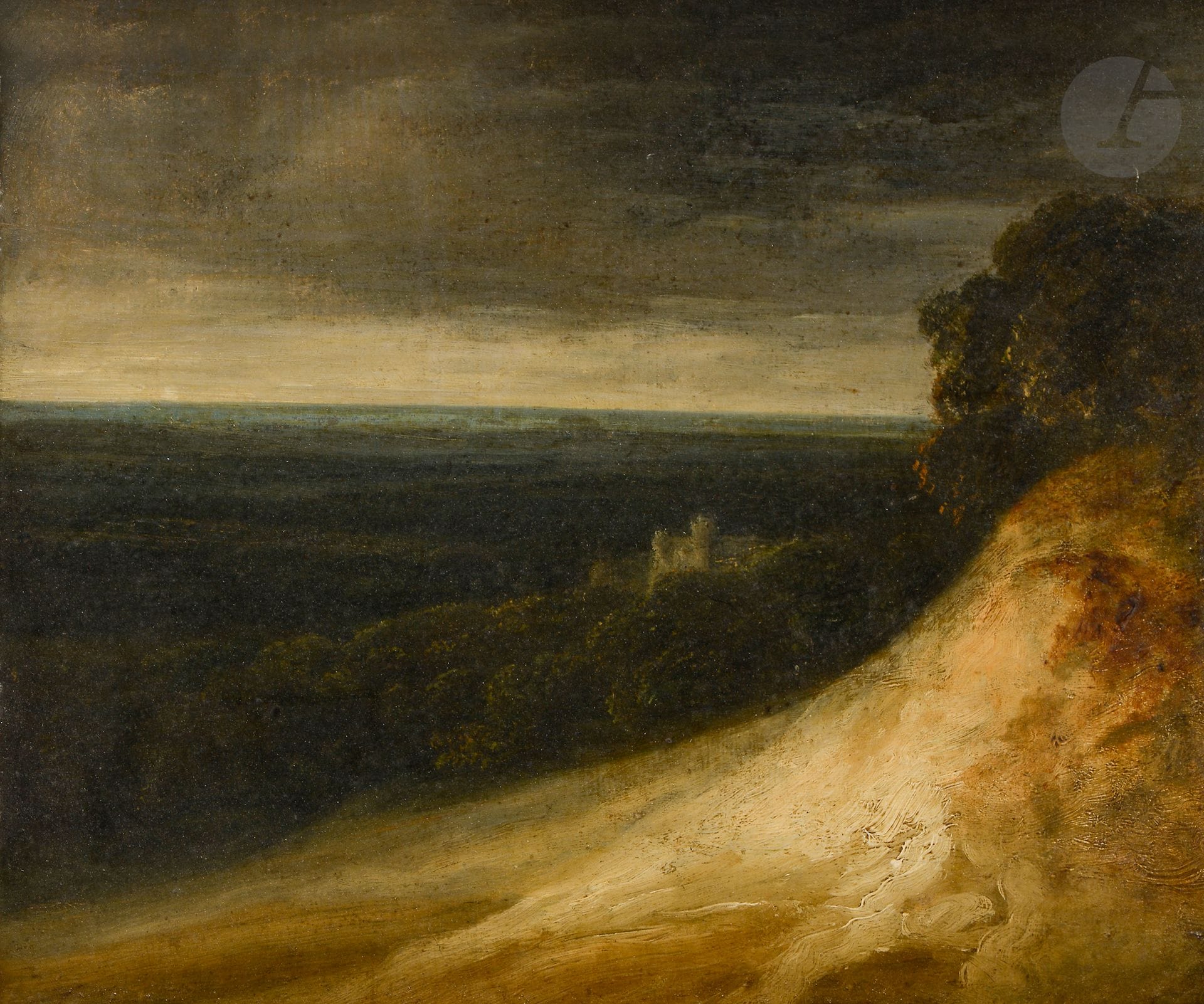 Georges MICHEL (Paris 1763 - 1843)
Landscape at the presumed Château de Dammartin
Paper mounted on canvas
27 x 32 cm
Inscription on the reverse of the frame "Georges Michel - Le Château de Dammartin"
Louis XVI period frame, resealed
 Provenance:
Calmels Cohen sale (according to a label on the reverse of the frame). 

 We thank Michel Schulman for his help in describing this lot. He is at the disposal of the buyer to write a certificate which will be charged to him
The castle of Dammartin is mentioned from the 10th century, on the basis of an existing fortress. It is successively the seat of the lordship of Antoine de Chabannes, Count of Dammartin, in the early fifteenth century before being acquired by the Constable Anne de Montmorency in 1554. However, it was quickly abandoned in favor of the palace that he built in Ecouen. The castle then fell into neglect and its walls were used as a stone quarry. At the time of our painting the site is very damaged. Under the Second Empire, the mayor of Dammartin Hubert Lavolée bought it and created a bucolic walk around the ruins. Nothing remains of the castle today.