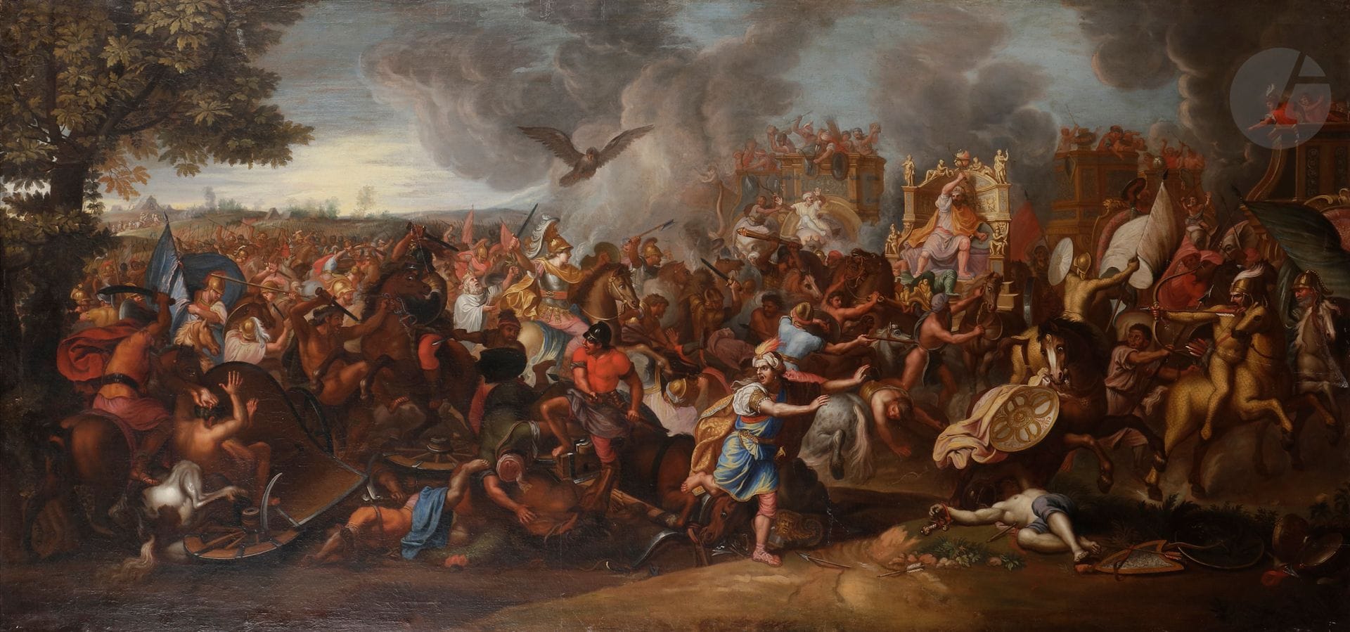 Franz ERTINGER (Colmar ou Weil 1640 - Paris 1710)
La Bataille d’Arbèles
Toile
Signée et datée en bas à gauche F. Ertinger pinx: 1695
75 x 158 cm
Sans cadre
 Graveur et dessinateur, Ertinger est actif à Anvers, inscrit maître à la Guilde de Saint Luc en 1677 / 78. Il part ensuite travailler à Paris comme graveur du Roi et voyage à Rome.
Pour notre tableau, Ertinger reprend le tableau de Charles Le Brun, 1669, conservé au Musée du Louvre.