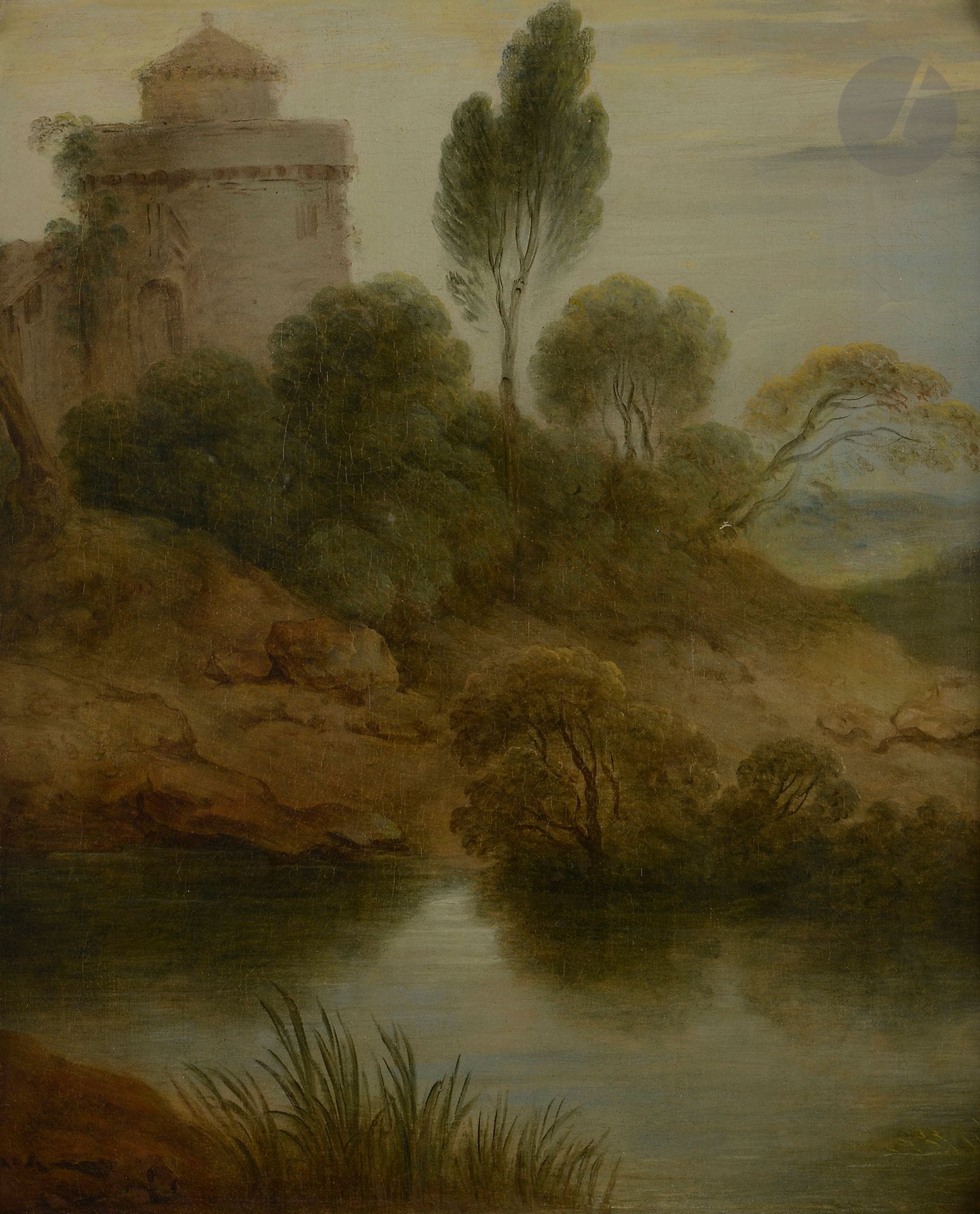 Jean Baptiste PATER 
(Valenciennes 1695 - Paris 1736)
Paysage à la tour et au lac
Toile, probablement un fragment
51 x 42 cm
 Provenance :
Vente Cousin, Paris, 10 décembre 1847, n° 43 (Les Baigneuses. 300 frs) ;
Vente collection de feu M. Mailand, Paris, Hôtel Drouot, 2-3 mai 1881, n° 103 (Les Baigneuses. 3 920 frs) ;
Vente anonyme, Paris, Galerie Charpentier, 10 mai 1956, n° 95 (Les plaisirs du bain) ;
Vente de la princesse de Faucigny-Lucinge, Paris, Palais Galliera, 7 décembre 1964, n° 64 ;
Vente anonyme, Paris, Palais Galliera, 24 et 25 juin 1968, n° 48 (Attribué à Jean Baptiste Pater ;
Vente anonyme, Paris, Christie’s, 26 juin 2003, n° 68, reproduit en couleur (Jean Baptiste Pater, Paysage avec une tour à proximité d’un étang) ;
Vente anonyme, Paris, Artcurial, 14 novembre 2017, n° 491 (Jean Baptiste Pater).

Exposition :
Probablement Chefs d’œuvre de cinq siècles, Nottingham Art Gallery, 1961, n° 17.

Bibliographie :
F. Ingersoll-Smouse, Pater, Paris, 1928, n° 342 et 343.
« Six jeunes femmes se baignent dans une petite rivière au bas d’un coteau surmonté d’une tour », ainsi est décrit notre tableau dans les catalogues de ventes du XIXe siècle. L’un de ses possesseurs avait en effet fait ajouter six jeunes femmes au premier plan s’inspirant du tableau de Pater, Les Plaisirs du bain conservé à la Wallace collection.
En 1956, la Princesse de Faucigny-Lucinge l’acheta dans une vente à la galerie Charpentier, le fit nettoyer et les figures ainsi que certains ajouts, comme le haut de la tour, disparurent.