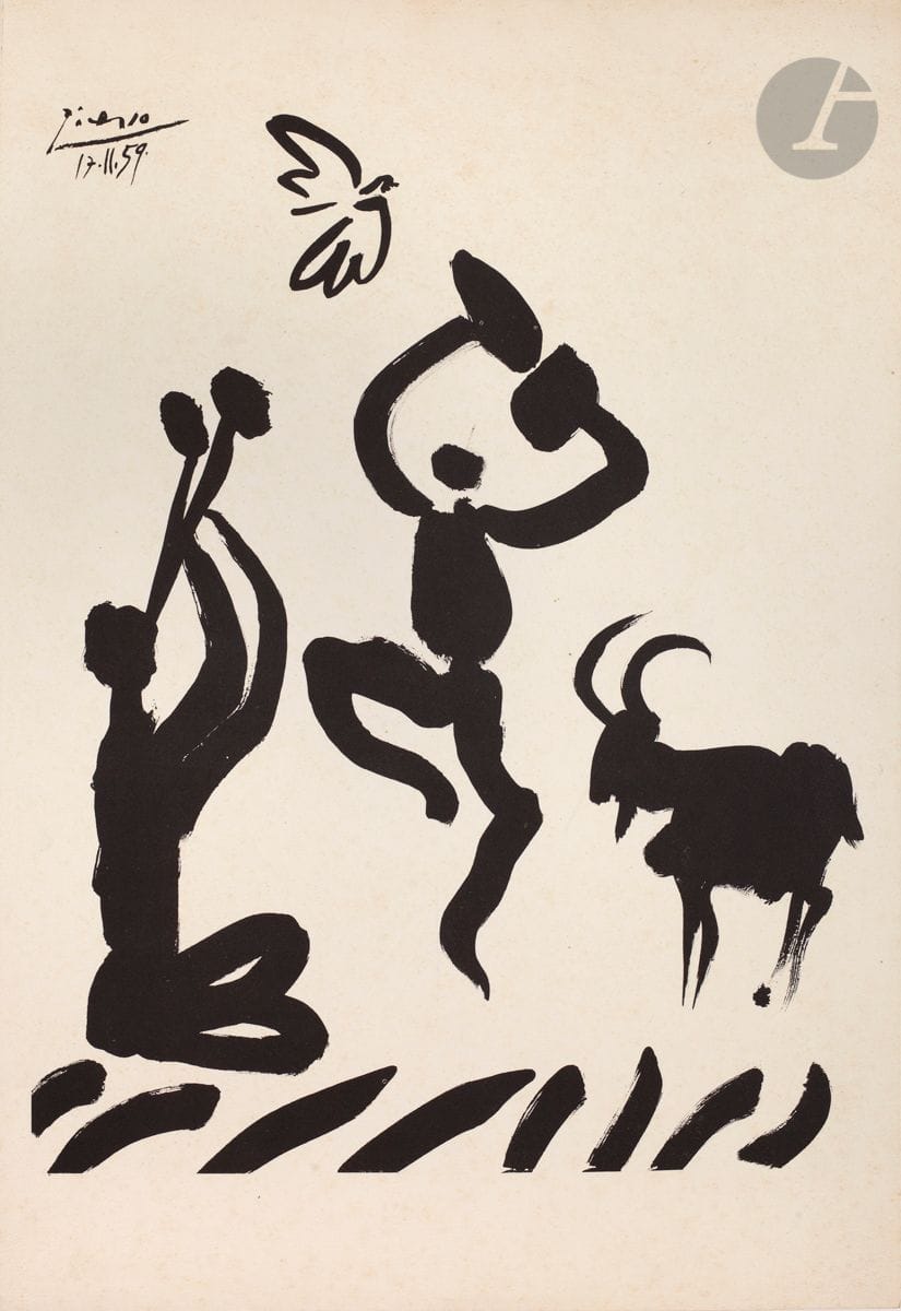 Pablo Picasso (1881-1973) (d’après)
Danse des faunes. 
Tirage typographique d’après un dessin de 1959.
Très belle épreuve sur vélin. Toutes marges. 
Infimes rousseurs claires éparses. Léger pli oblique dans l’angle supérieur droit.
55,3 x 38 cm.