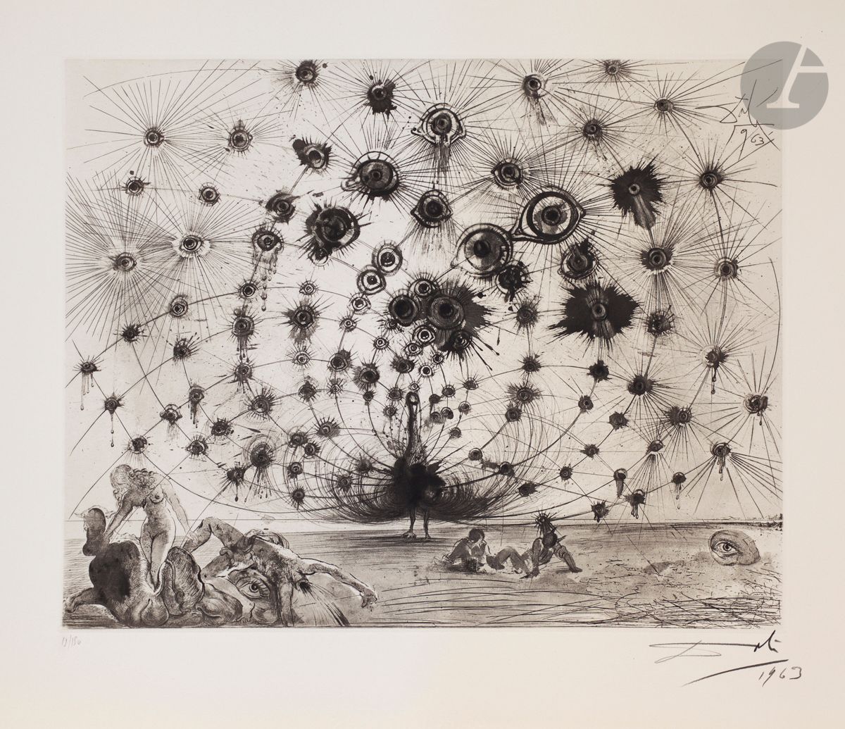 Salvador Dalí (1904-1989
)Argus. (Mythology, pl. 1).
Heliogravure and drypoint. 
Very nice proof on watermarked vellum "Arches", numbered, signed and dated in pencil. All margins. Edition at 150 proofs. Argillet ed.
Light trace of oxidation at the edges of the sheet.
56,5 x 75,5 cm

.



Bibliography :
Michler and Löpsinger 116.







