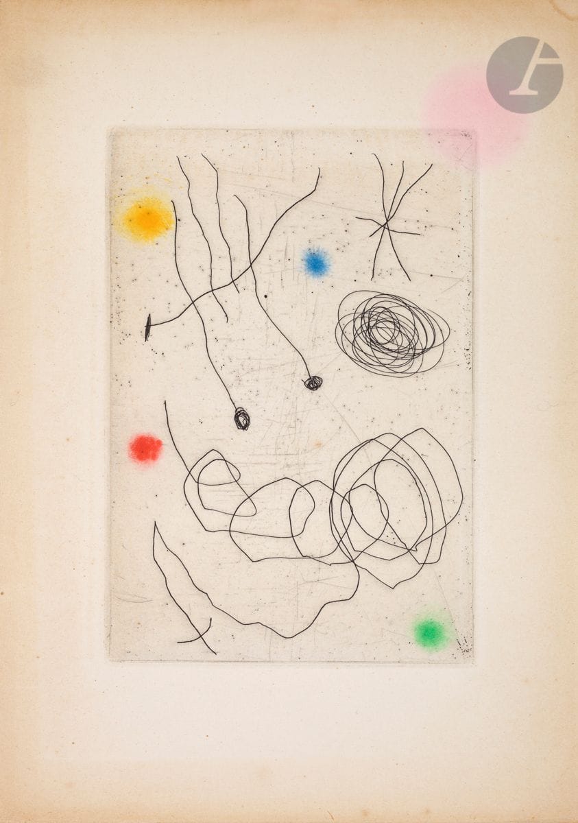 Joan Miró (1893-1983)
La Chouette et l’escargot. Carte de vœux d’Aimé Maeght pour 1964.
Eau-forte et aquatinte en couleurs. 
Très belle épreuve tirée sur le 1er plat d’un feuillet remplié portant à l’intérieur le texte typographié. 
Oxydation marginale et petites auréoles d’humidité. 
26,5 x 18,5 cm (feuillet remplié). 

Bibliographie :
Dupin 388.