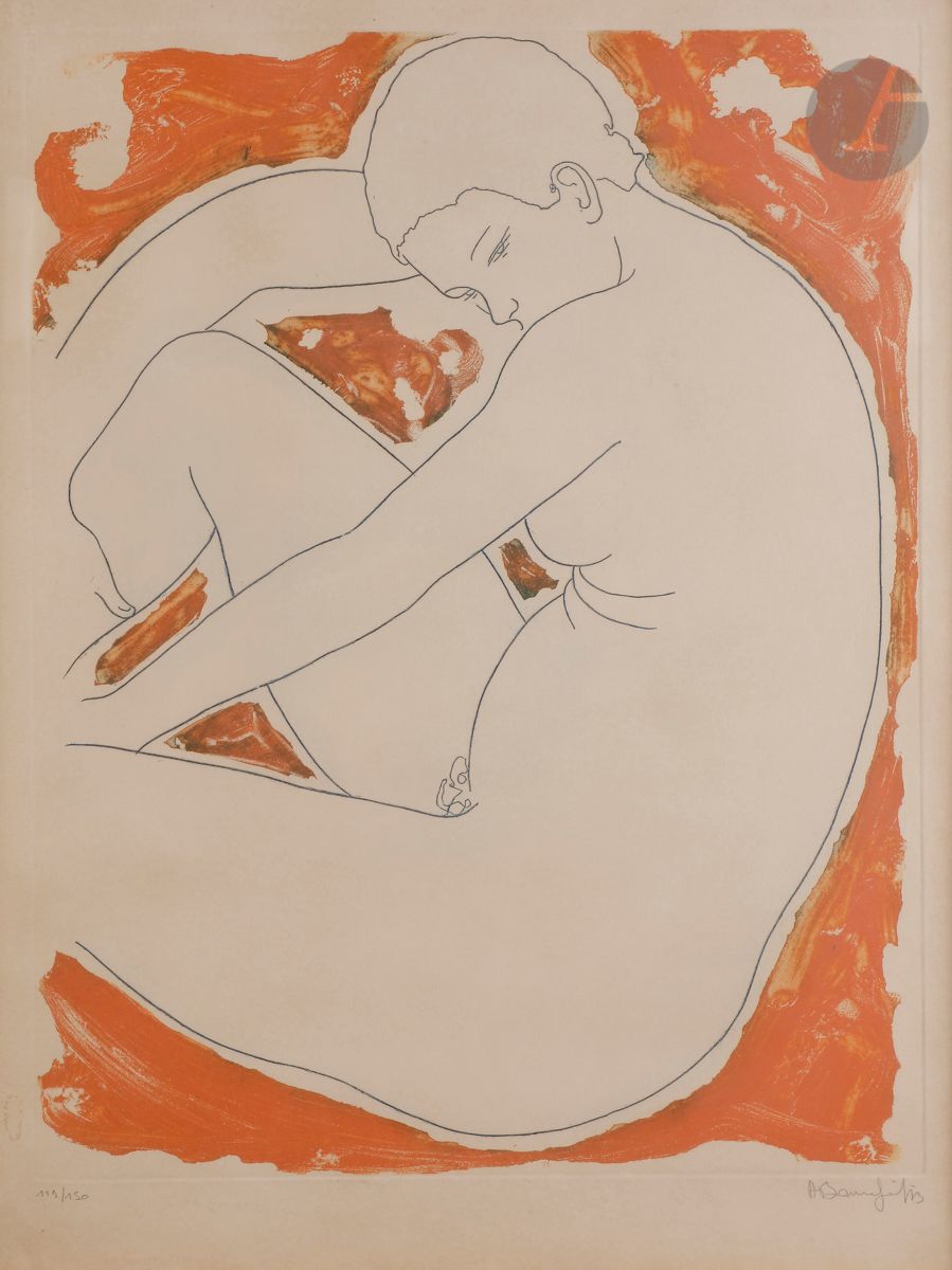 Alain Bonnefoit (born in 1937
)Seated nude woman. 
Etching and aquatint in colours. 
Nice proof on vellum, numbered and signed in pencil. 
Oxidation of the folio, small stains and humidity rings. All margins. Edition of 150 proofs. 
Sight: 75 x 55 cm. 
Framed.





