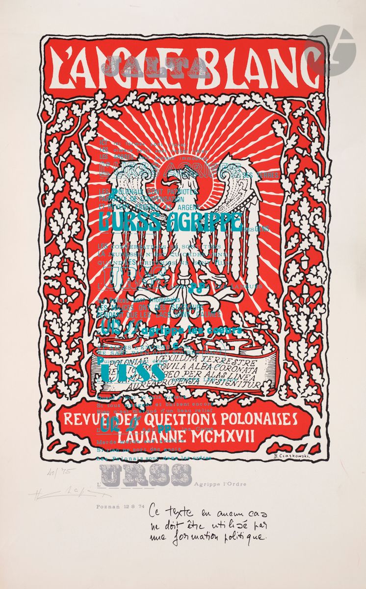 Henri Chopin (1922-2008
)The USSR grabs the order. 1974.
serigraphy in colors.
Nice proof on vellum paper, numbered and signed in pencil. All margins. Edition at 75 proofs. 
Horizontal fold at the top left corner, without affecting the subject. 
76,5 x 48 cm.




